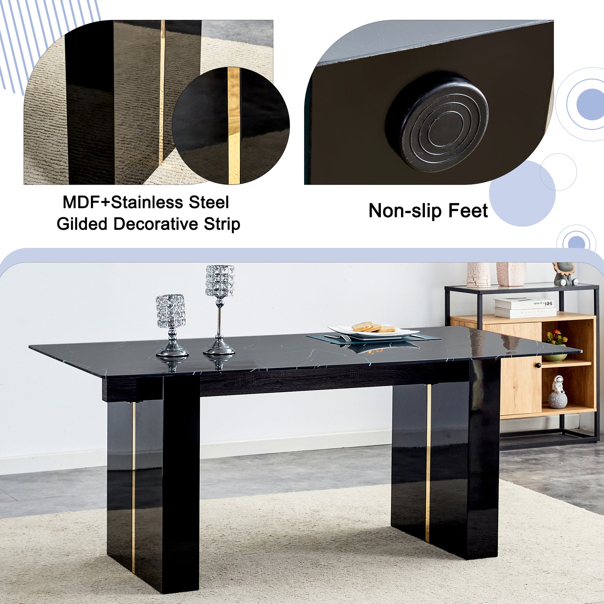 Large Modern Rectangular Table With 0.39 "Black Patterned Top And Large Mdf Legs, Suitable For Kitchen, Dining And Living Room 71" * 35.4 "* 30" 1546 Black Mdf Glass