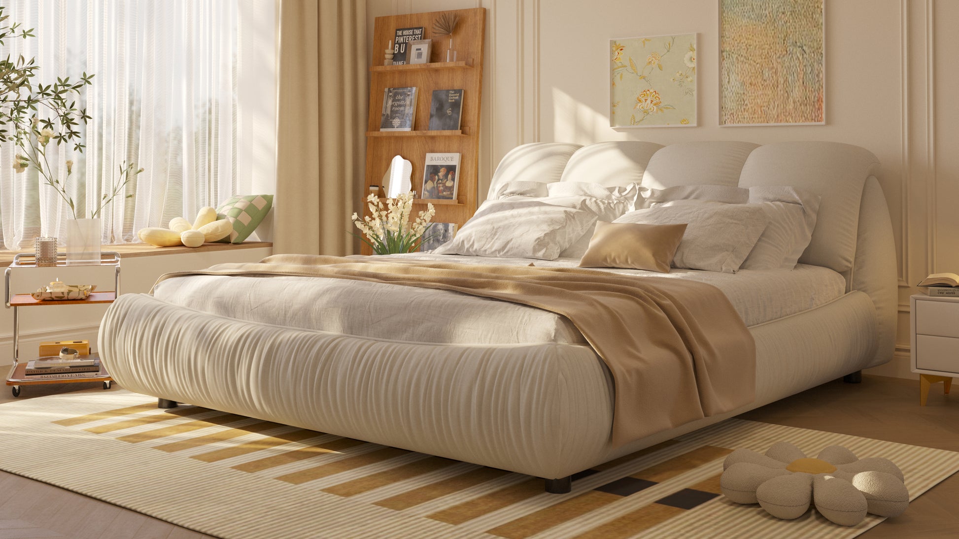 Queen Size Upholstered Platform Bed With Oversized Padded Backrest, Thickening Pinewooden Slats And Solid Wood Leg,Beige Box Spring Not Required Queen Beige Wood Pine Polyester Solid Wood