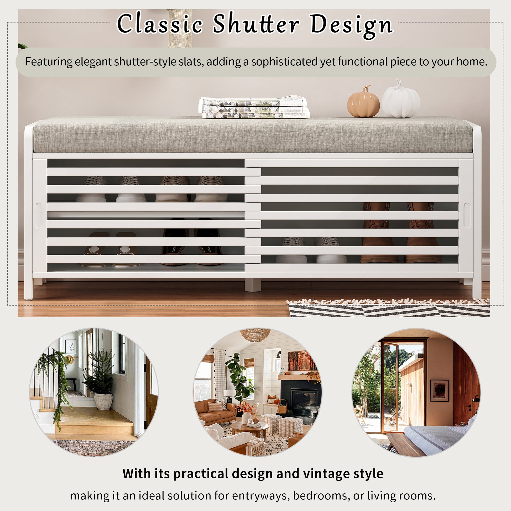 Distressed Shutter Storage Bench With Acacia Veneer For Retro Charm For Living Room, Entryway White White Mdf