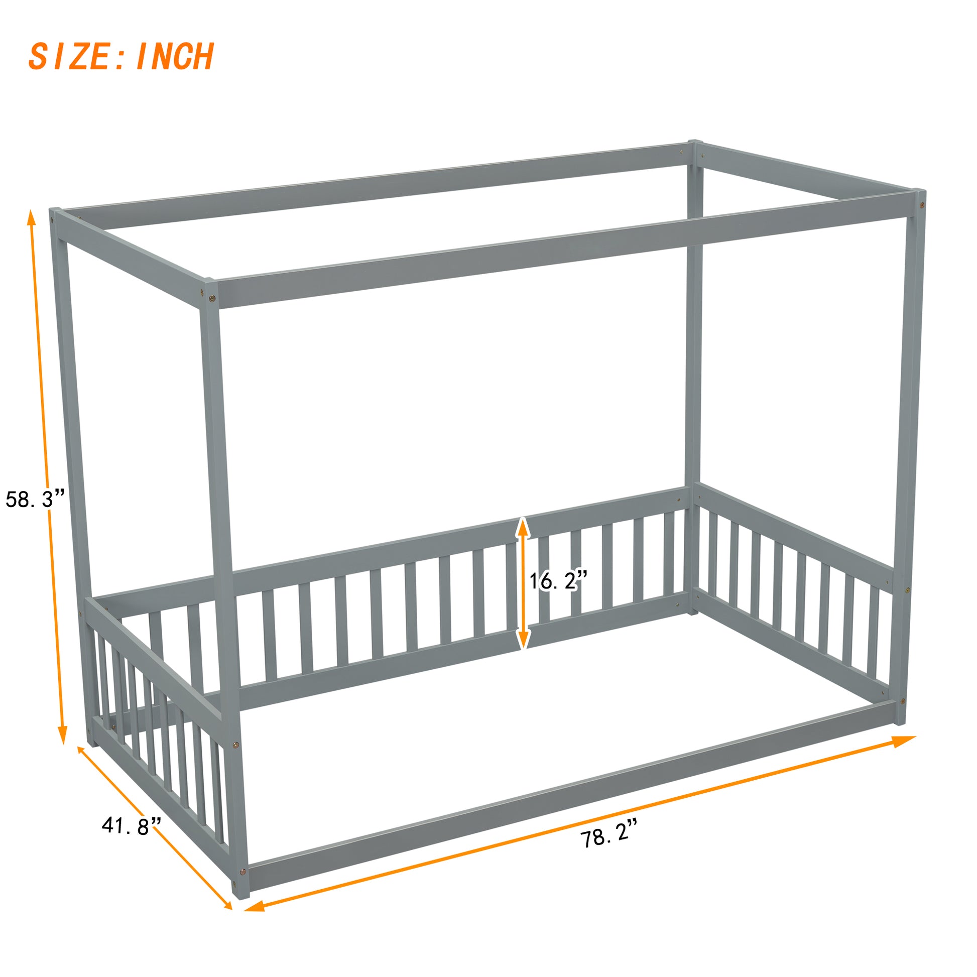 Twin Size Canopy Frame Floor Bed With Fence, Guardrails,Grey Twin Grey American Design Pine