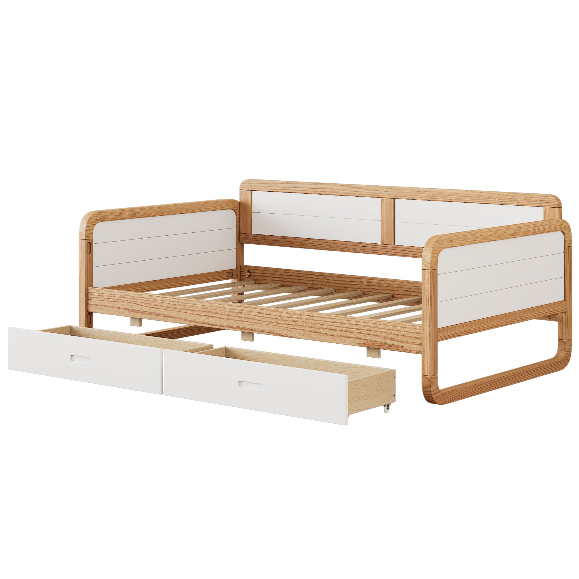 Twin Size Solid Wood Daybed With 2 Storage Drawers For Limited Space Kids, Teens, Adults, No Need Box Spring, Walnut And White Box Spring Not Required Twin White Walnut Wood Bedroom Modern Pine Daybeds Wood