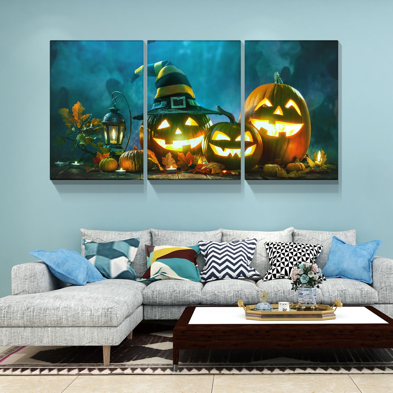 3 Panel Happy Halloween Canvas Prints Pumpkin Lantern Wall Art For Bedroom Living Room Paintings Canvas Prints Festival Gift Stretched And Framed Ready To Hang 2432Inch Thickness 1.5Inch Multicolor Halloween Modern Canvas