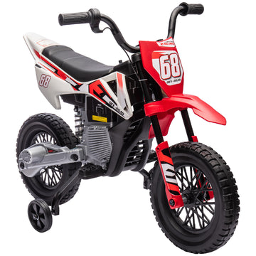 Qaba Kids Dirt Bike With Twist Grip Throttle, 12V Electric Motorcycle, Electric Bike For Toddler With Training Wheels, Rear Suspension & Music For Ages 3 6 Years, Red Red Plastic