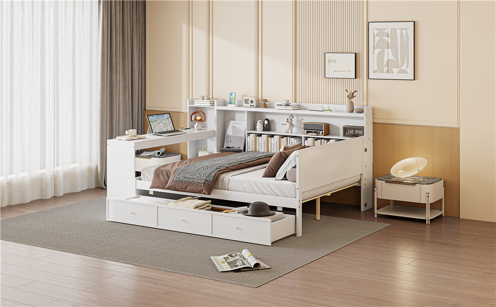 Full Size Wooden Daybed With 3 Drawers, Usb Ports And Desk ,White Full White Wood