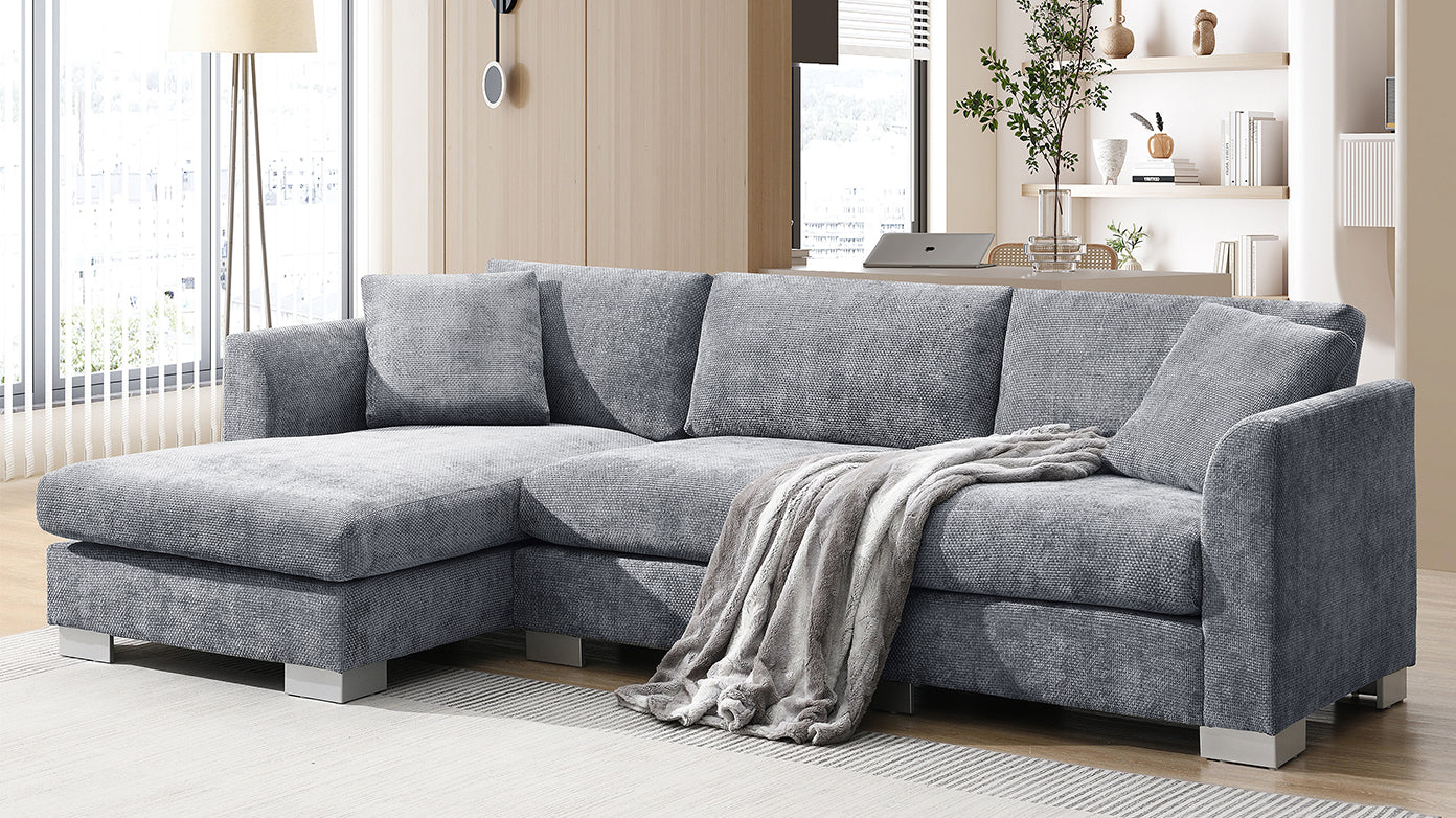 96*56" Modern Cloud Sectional Sofa,L Shaped Luxury Couch Set With 2 Free Pillows,4 Seat Chenille Indoor Furniture With Oversized Chaise For Living Room,Apartment,Office,3 Colors Gray Chenille 4 Seat