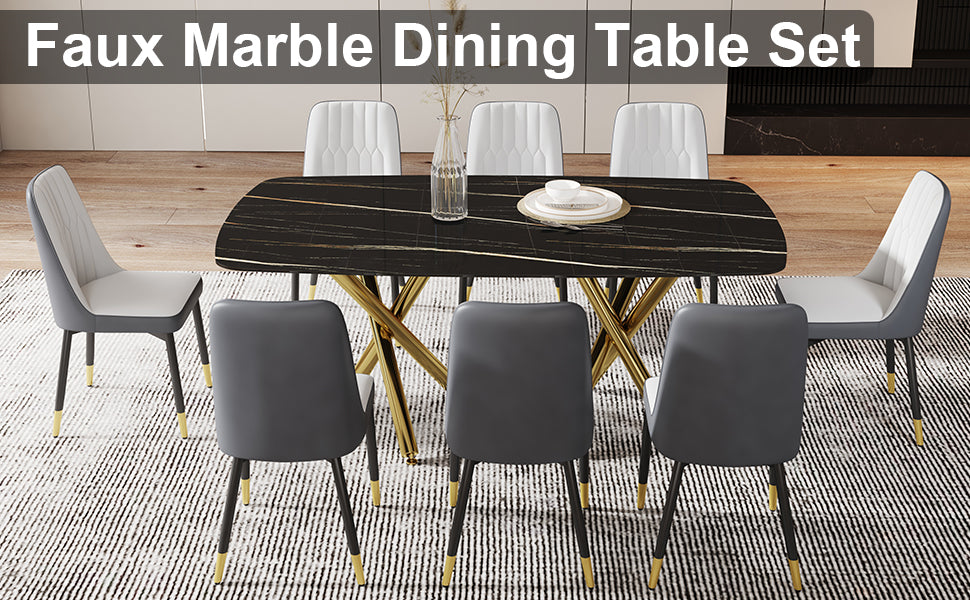 Large Modern Minimalist Rectangular Dining Table With 0.39 "Imitation Marble Black Tabletop And Golden Metal Legs, Paired With Chairs With Pu Cushions And Black Metal Legs. F 1538 C 007 Black Gold Glass Metal