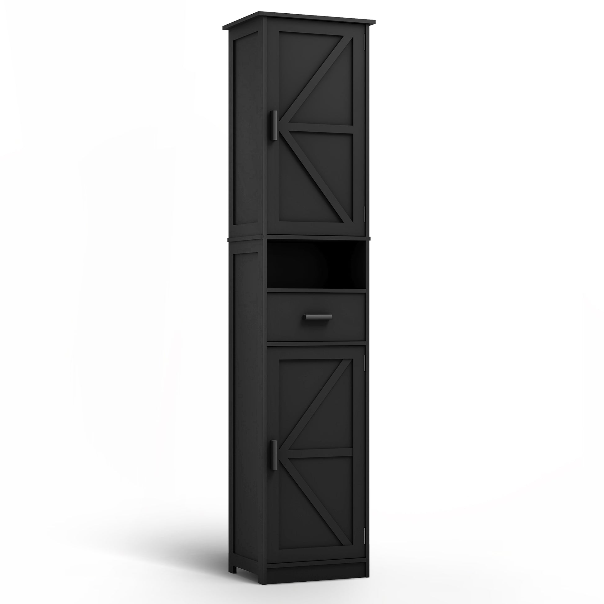 69" H Tall Bathroom Storage Cabinet With 2 Barn Doors And 1 Drawer, Narrow Storage Unit, Adjustable Shelves,Floor Cabinet For Bathroom, Living Room, Entryway,Kitchen, Black Black Particle Board