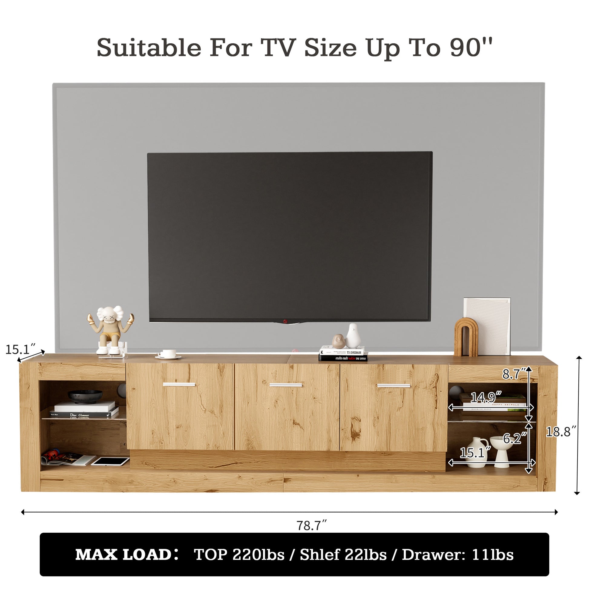 78'' Modern Tv Stand With 6 Cabinets& 2 Open Compartments, Entertainment Center For Tvs Up To 90'', Television Console For Living Room, Bedroom, Home Theatre Natural Wood Brown Primary Living Space 80 89 Inches 80 89 Inches 80 Inches Particle Board