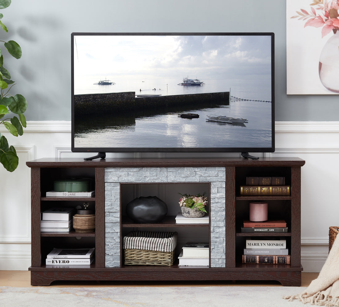 Tv Media Stand With With Faux Stacked Stone Surround, Modern Entertainment Console With Open Storage Space, Cherry, 58.31"W*15.39"D*26.06"H Cherry 60 69 Inches Mdf