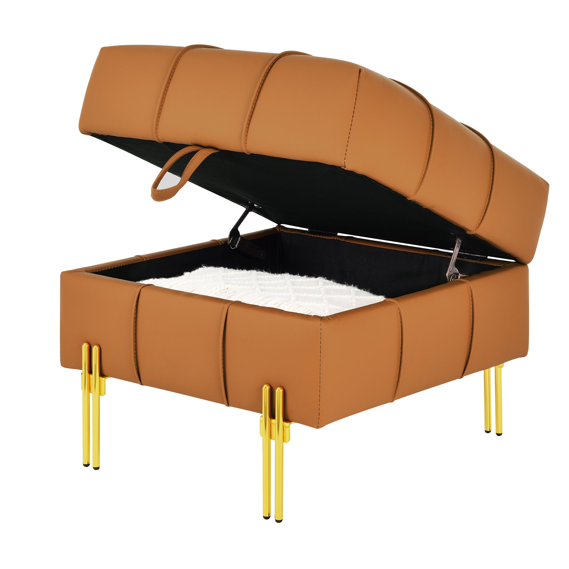22 Inches Anti Scratch Leather Storage Ottoman, Pet Friendly Entryway Bench With Golden Stainless Steel Legs, Orange Orange Leather