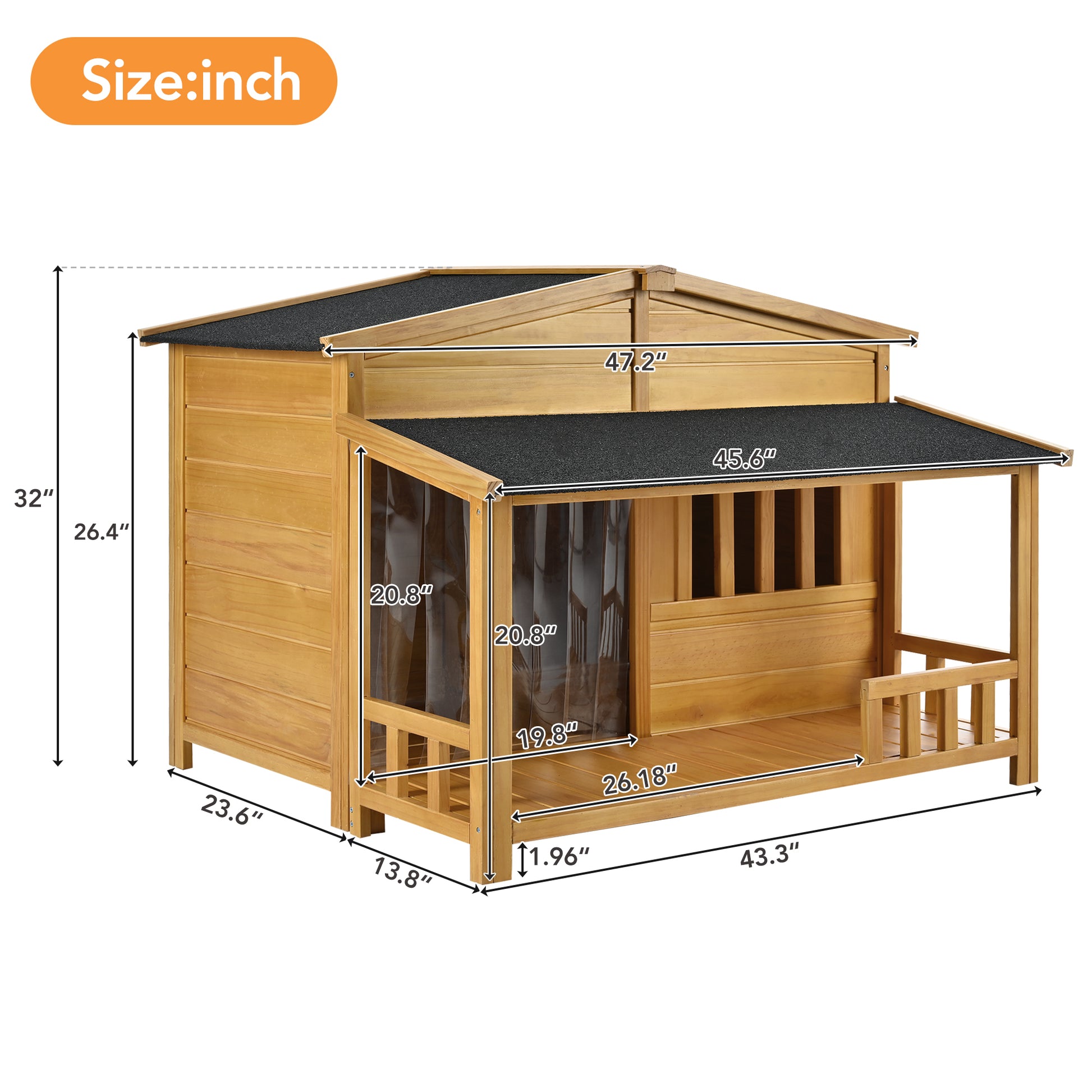 47.2" Wooden Dog House, Outdoor & Indoor Dog Crate, Pet Kennel With Porch, Solid Wood, Weatherproof, Medium, Nature Natural Wood Outdoor Kennel Medium 26 40 Lbs Pine