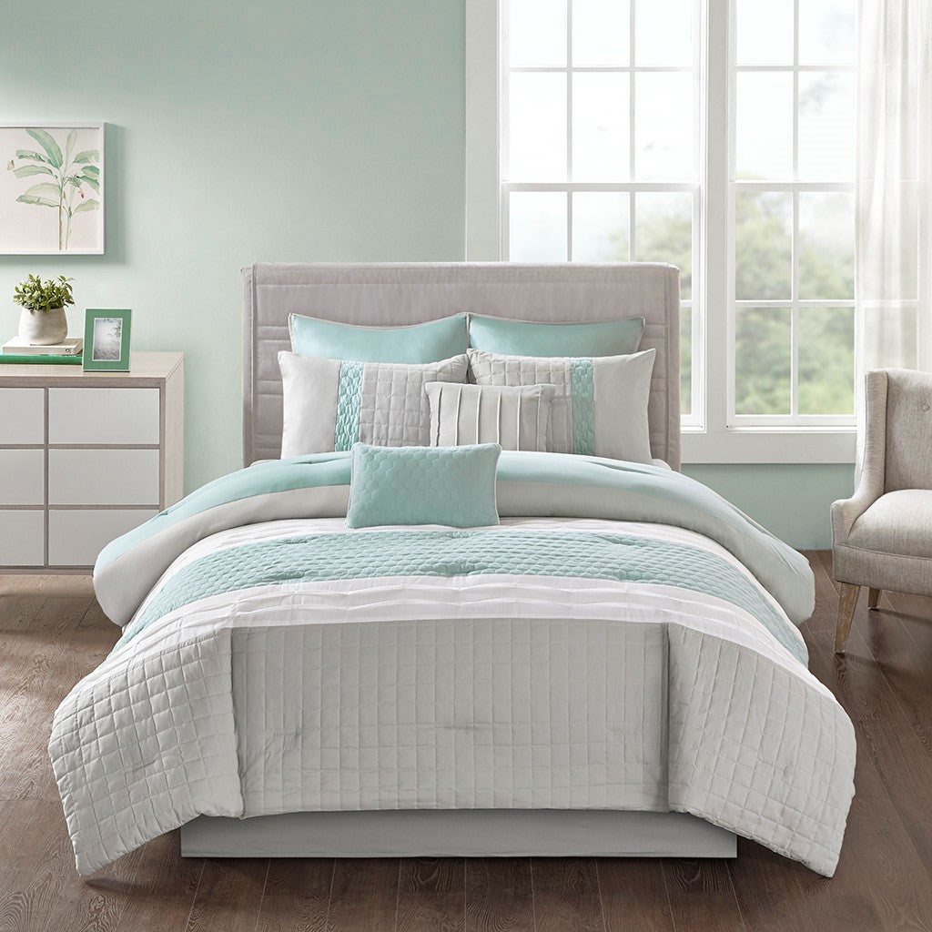 8 Piece Comforter Set Seafoam Grey King King Multicolor Polyester