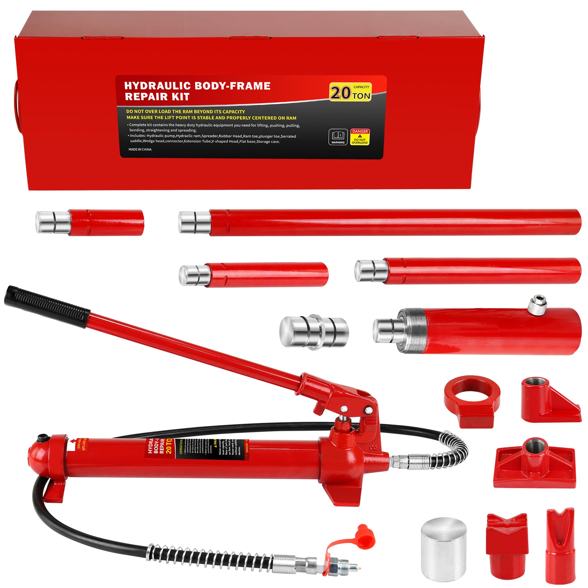 20 Ton Porta Power Kit, Portable Hydraulic Jack With1.43 M Oil Hose, Car Frame Repair Tool With Storage Case For Automotive Red Steel