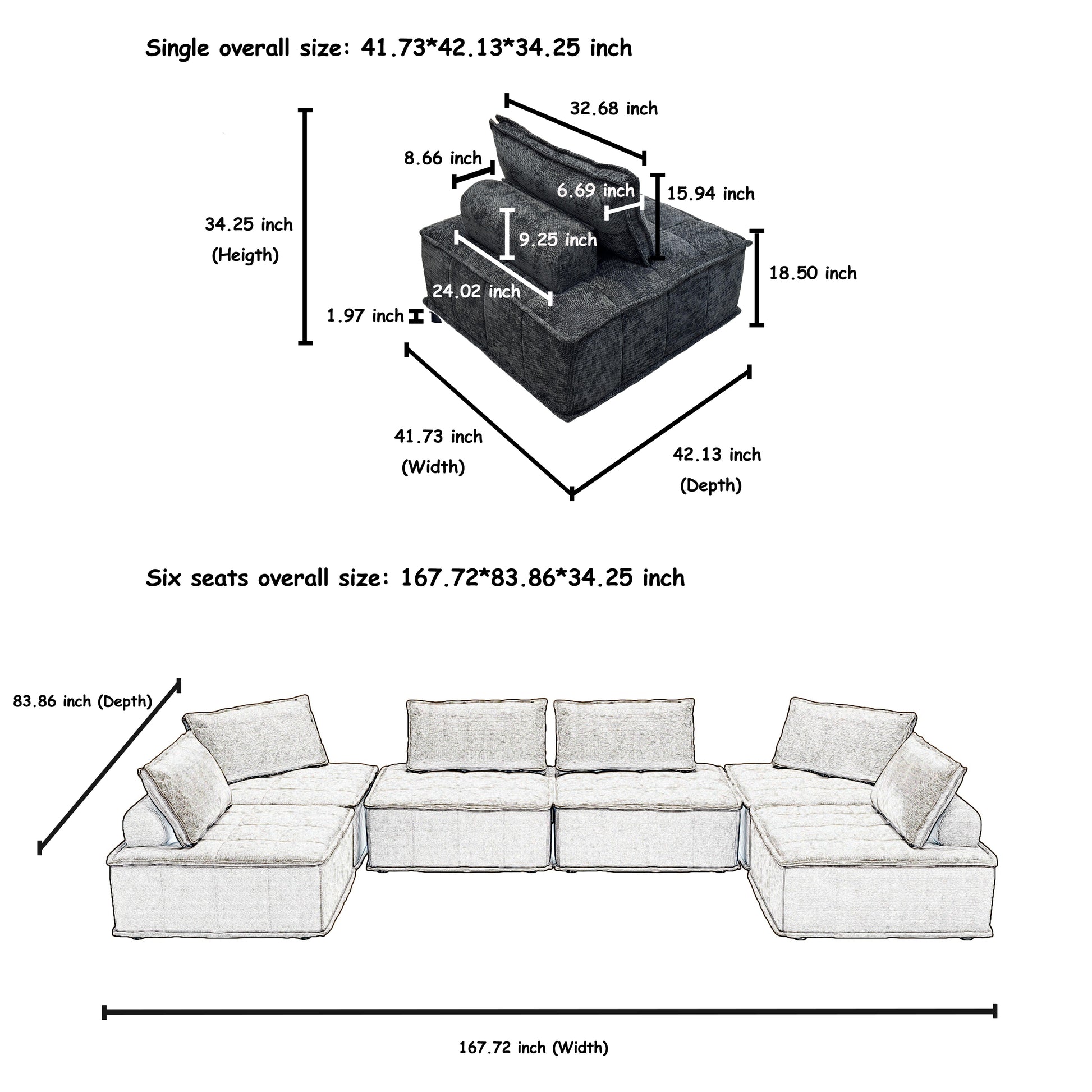 6 Piece Modular Sectional Couch, Oversized Sofa With Flexible Configuration, Ideal For Spacious Living Rooms, Entertainment Zones, And Open Spaces Black Color Black Chenille 6 Seat