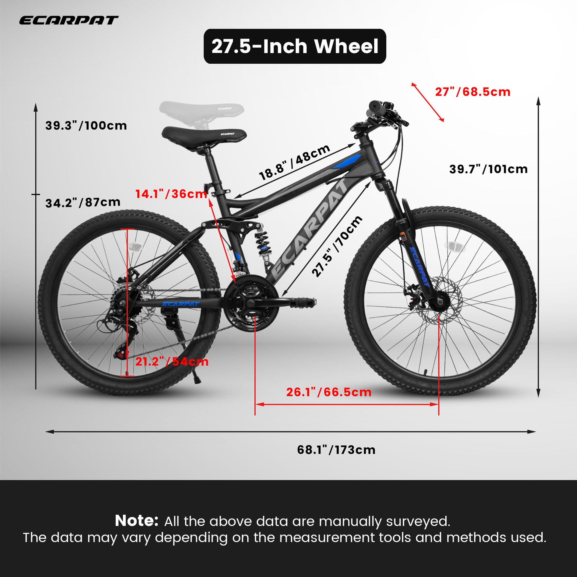 Ecarpat Mountain Bike 27 Inch Wheels, 21 Speed Full Suspension Mens Womens Trail Commuter City Mountain Bike, High Carbon Steel Frame Disc Brakes Grip Shifter Front Fork Rear Shock Absorber Bicycles Cycling Black Without Durable Garden & Outdoor Classic