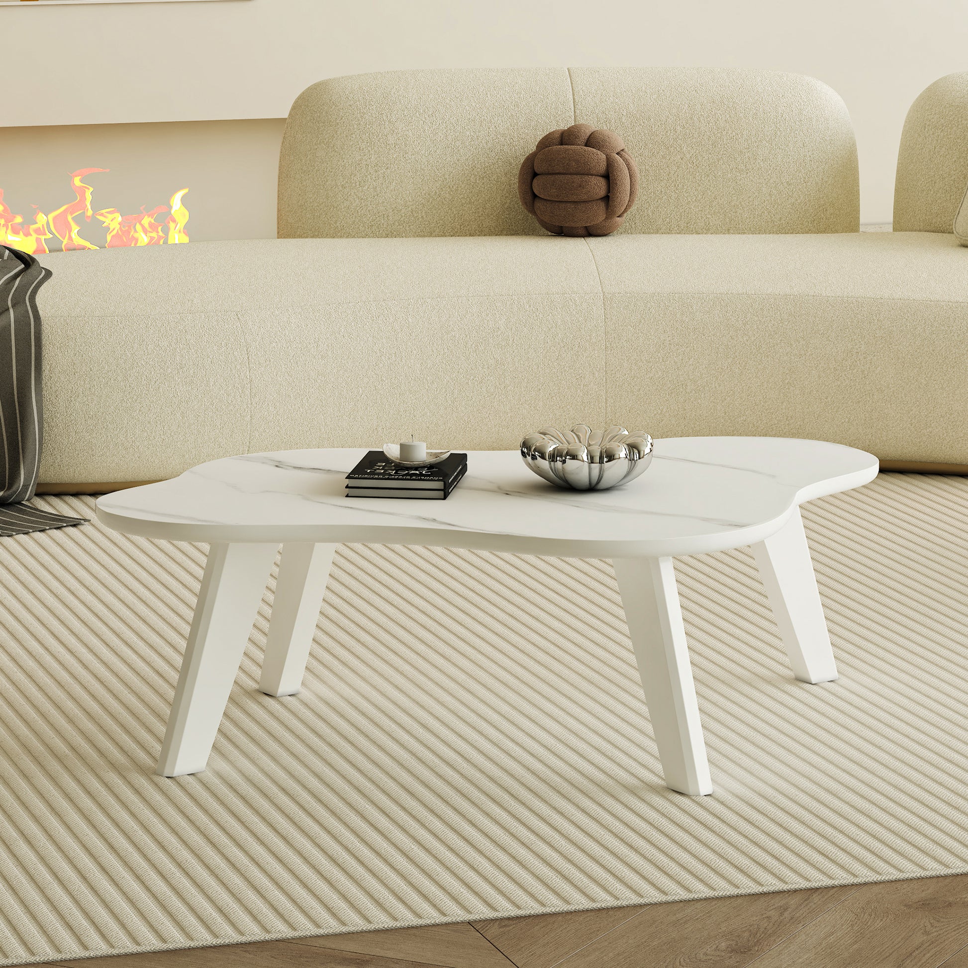 Modern Minimalist White Imitation Marble Tabletop Coffee Table. Solid Wood Spray Painted Desk Legs, Cloud Shape To Give You A Experience, Computer Desk. Suitable For Dining And Living Rooms. White Mdf