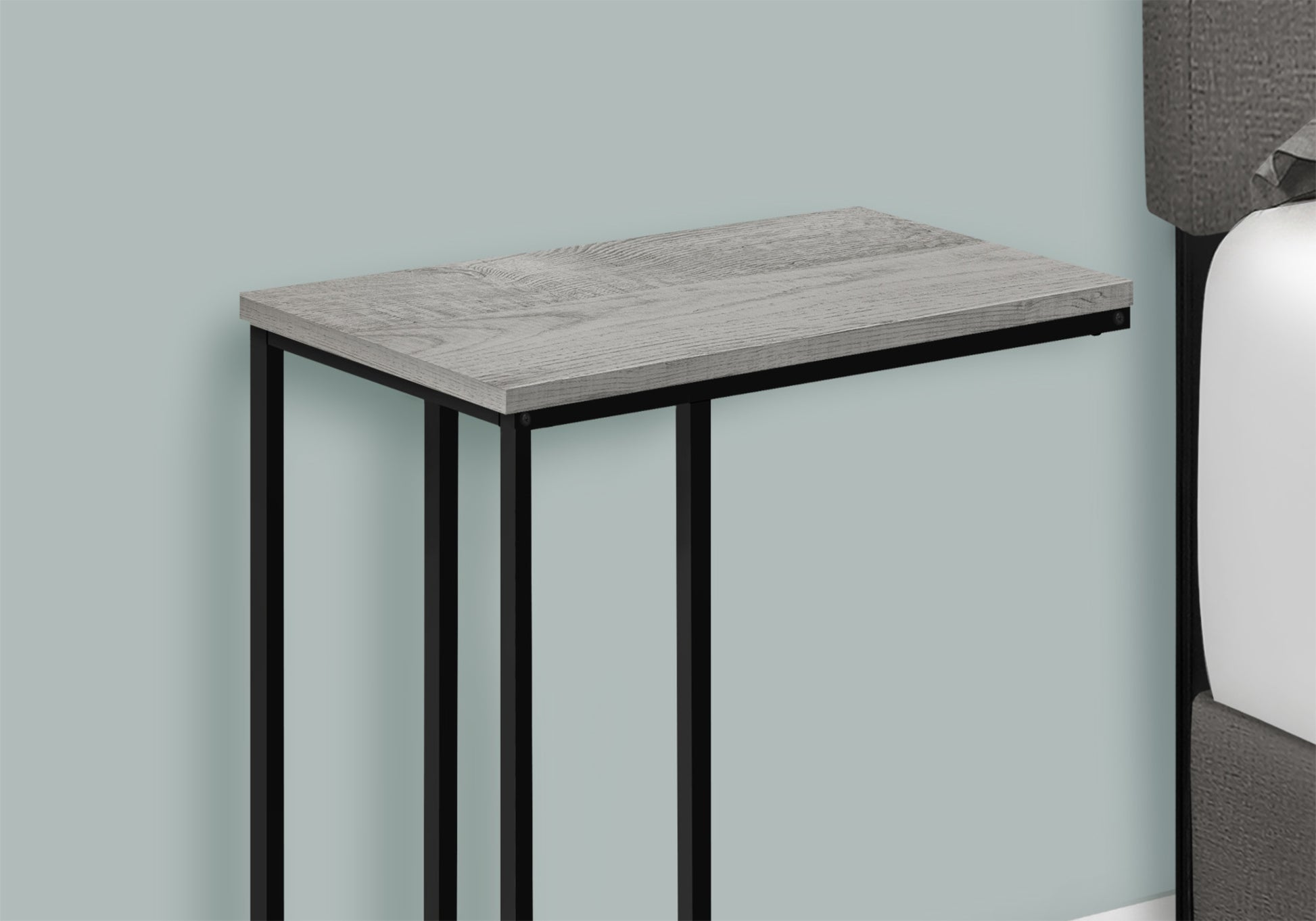 Accent Table, C Shaped, End, Side, Snack, Living Room, Bedroom, Grey Laminate, Black Metal, Contemporary, Modern Grey Particle Board