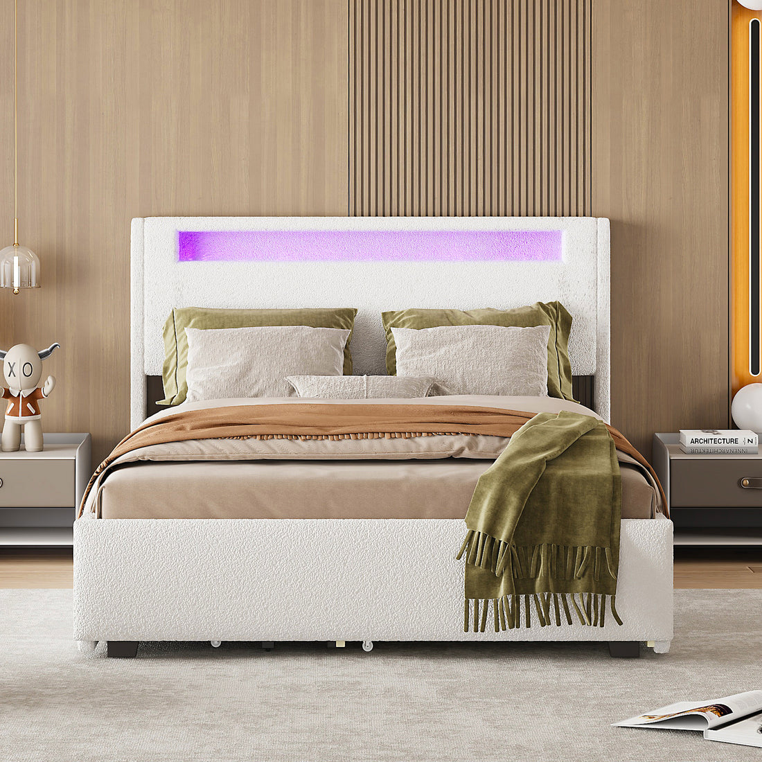 Full Size Upholstered Platform Bed With Led Frame, With Twin Size Trundle And 2 Drawers, Teddy Fleece, White White Fleece