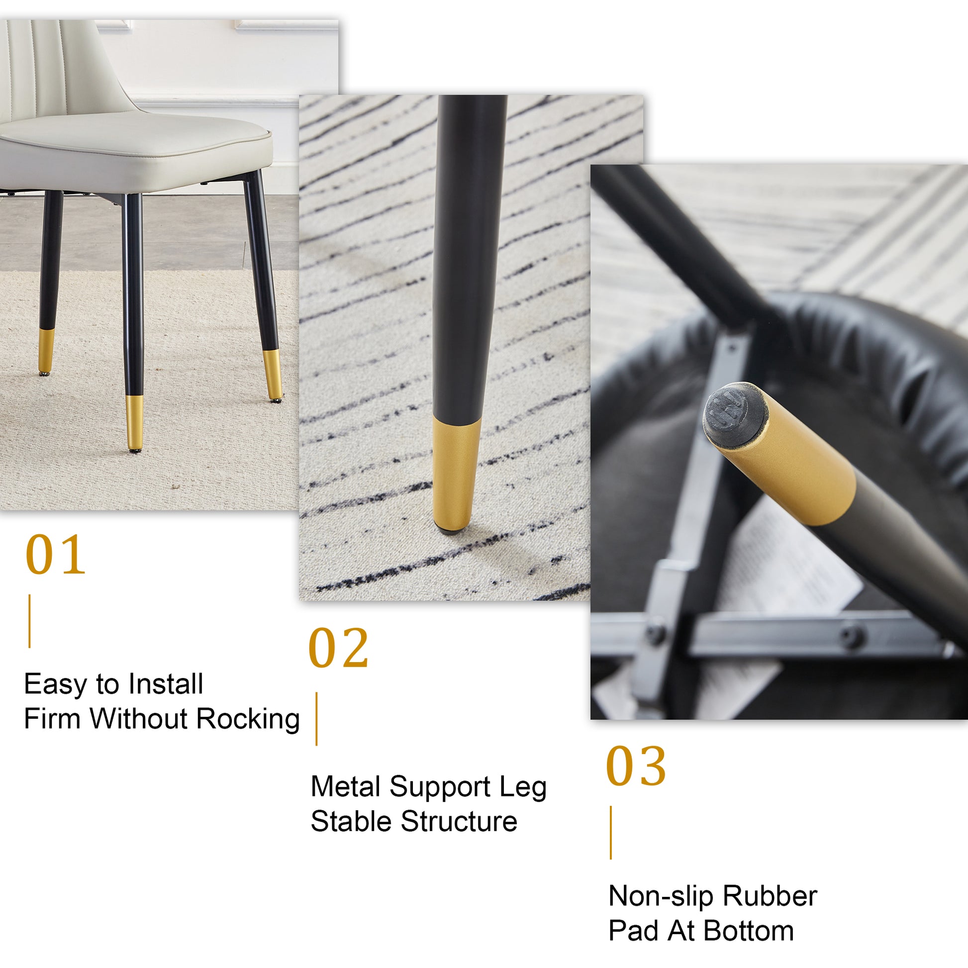 Table And Chair Set.Modern Rectangular Dining Table With Black Textured Stickers Glass Tabletop And Gold Plated Metal Legs.Paried With 4 Comfortable Chairs With Pu Seats And Black Metal Legs. Black Gold,Light Gray Seats 4 Glass Metal