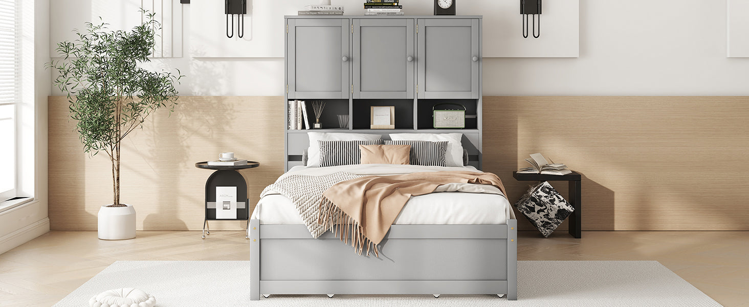 Full Size Platform Bed With Storage Headboard And 4 Drawers, Gray Box Spring Not Required Full Gray Wood Bedroom Bed Frame Solid Wood Mdf