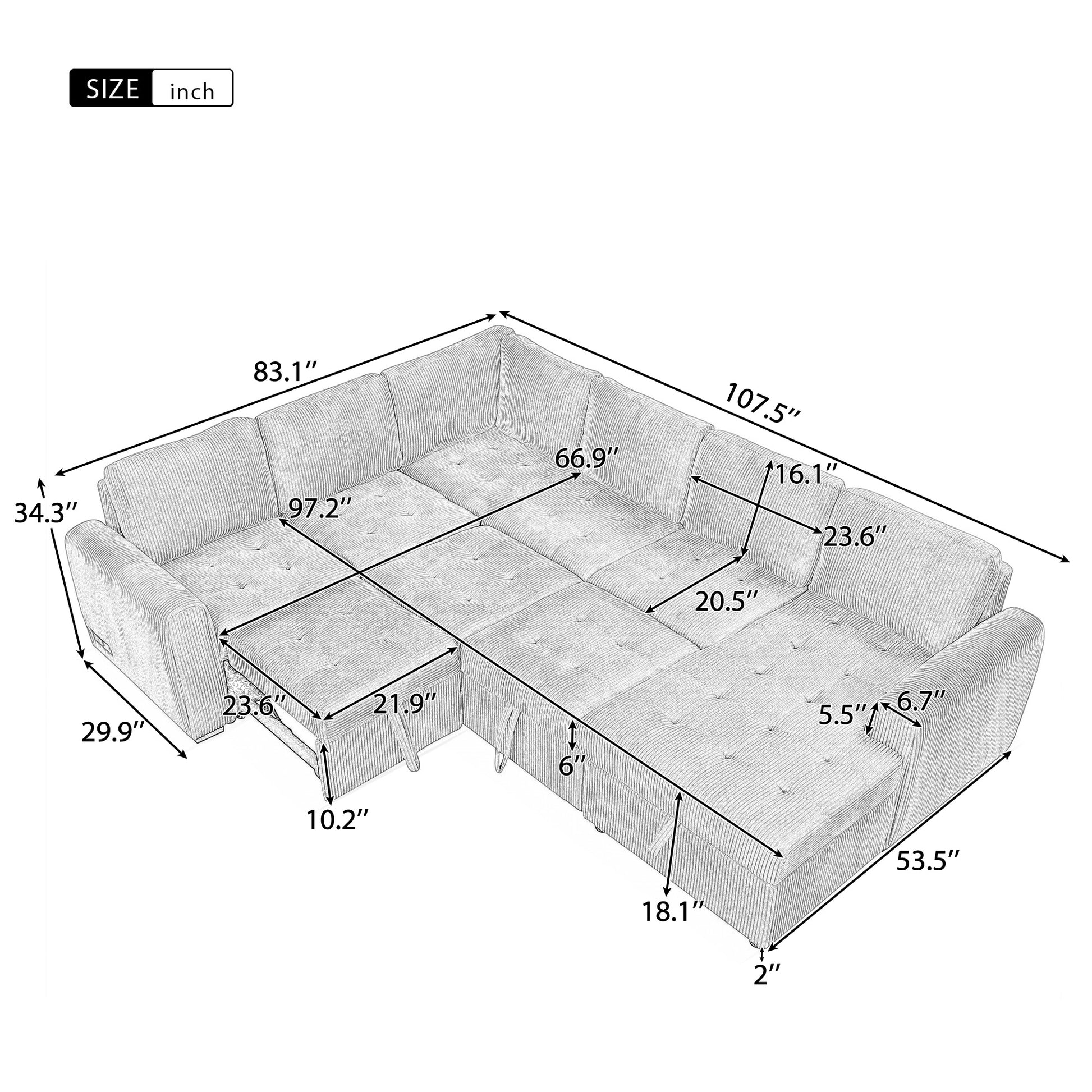 107.5" U Shaped Sofa Sectional Sofa Pull Out Sofa Bed With A Storage Chaise Lounge, Charging Devices For Living Room, Beige Beige Foam Corduroy 5 Seat