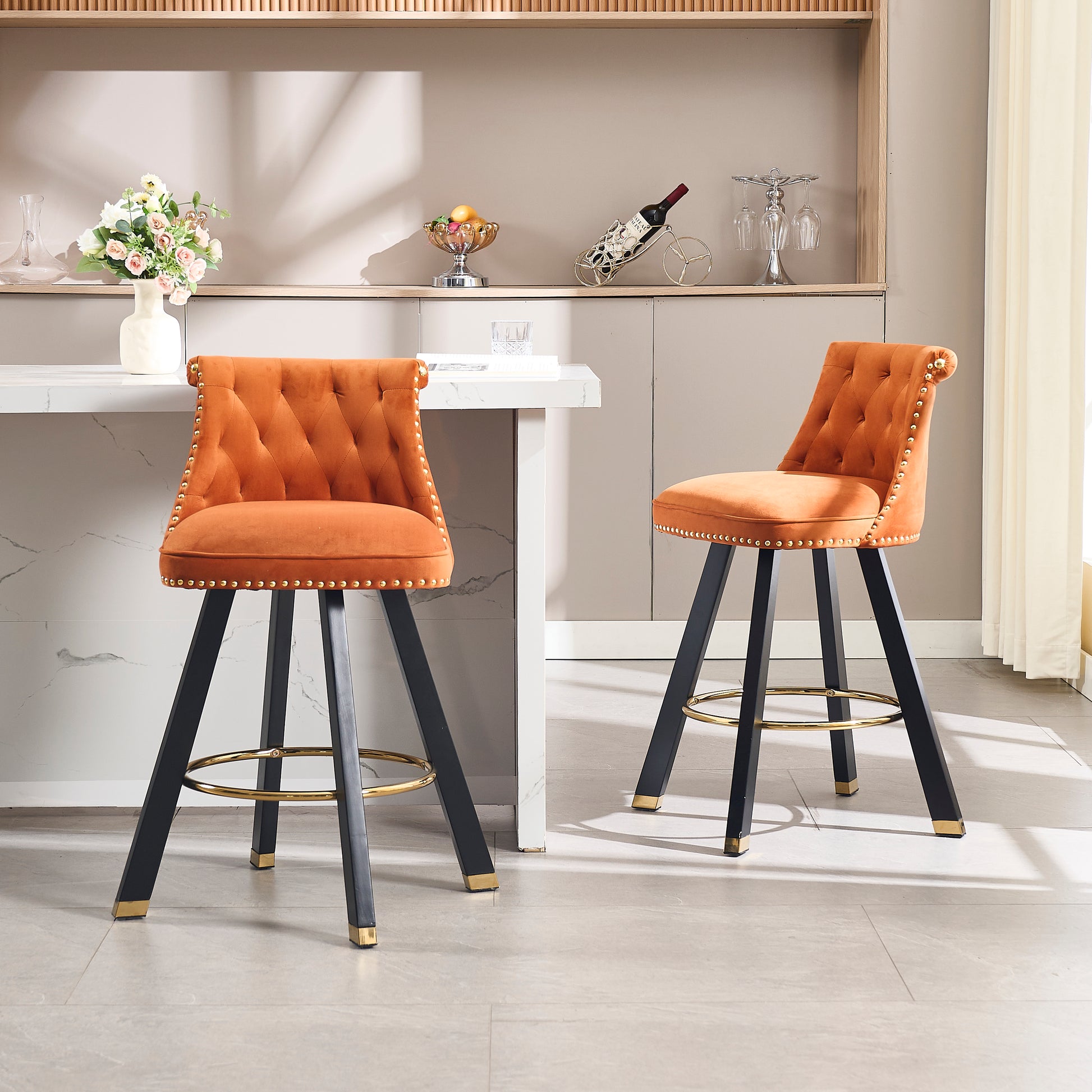 Coolmore Set Of 2,Back Pull Point Design, Velvet Material, 360 Degree Rotation, Back Pull Loop Detachable Design, Rivet Decoration, Square Foot Wooden Bar Chair Orange Velvet