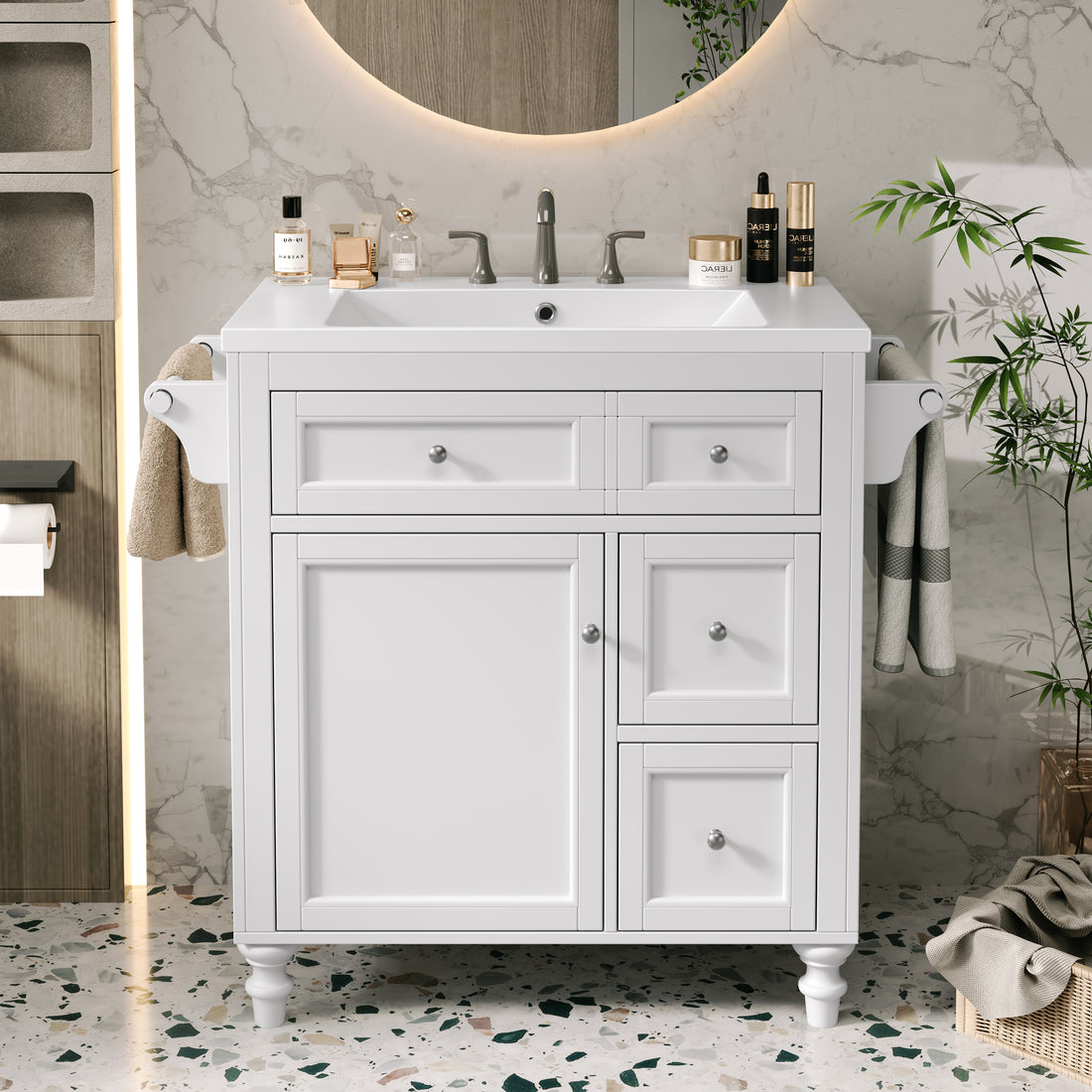 30'' Bathroom Vanity With Top Sink, Modern Bathroom Storage Cabinet With 2 Drawers And A Tip Out Drawer, Single Sink Bathroom Vanity Same As N710S130001K White Bathroom Modern Solid Wood Mdf Resin