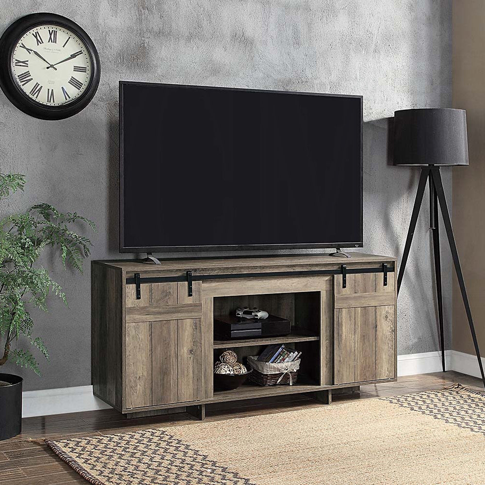 Grey Washed Tv Stand With 2 Sliding Barn Doors Grey Primary Living Space 60 Inches 60 69 Inches Farmhouse Wood Metal