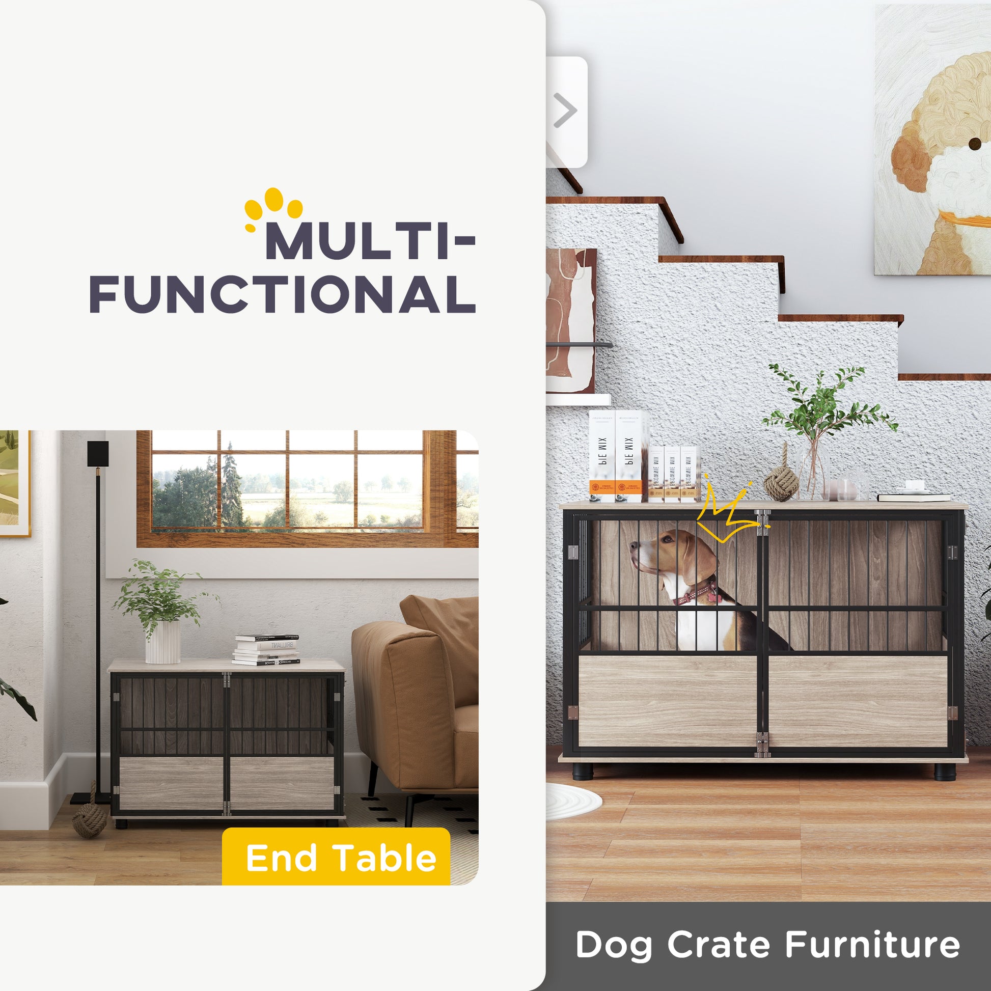 Pawhut 39.5" Dog Crate Furniture End Table, Wooden Dog Kennel Indoor Pet House With 3 Doors, For Small To Large Dogs Brown Particle Board