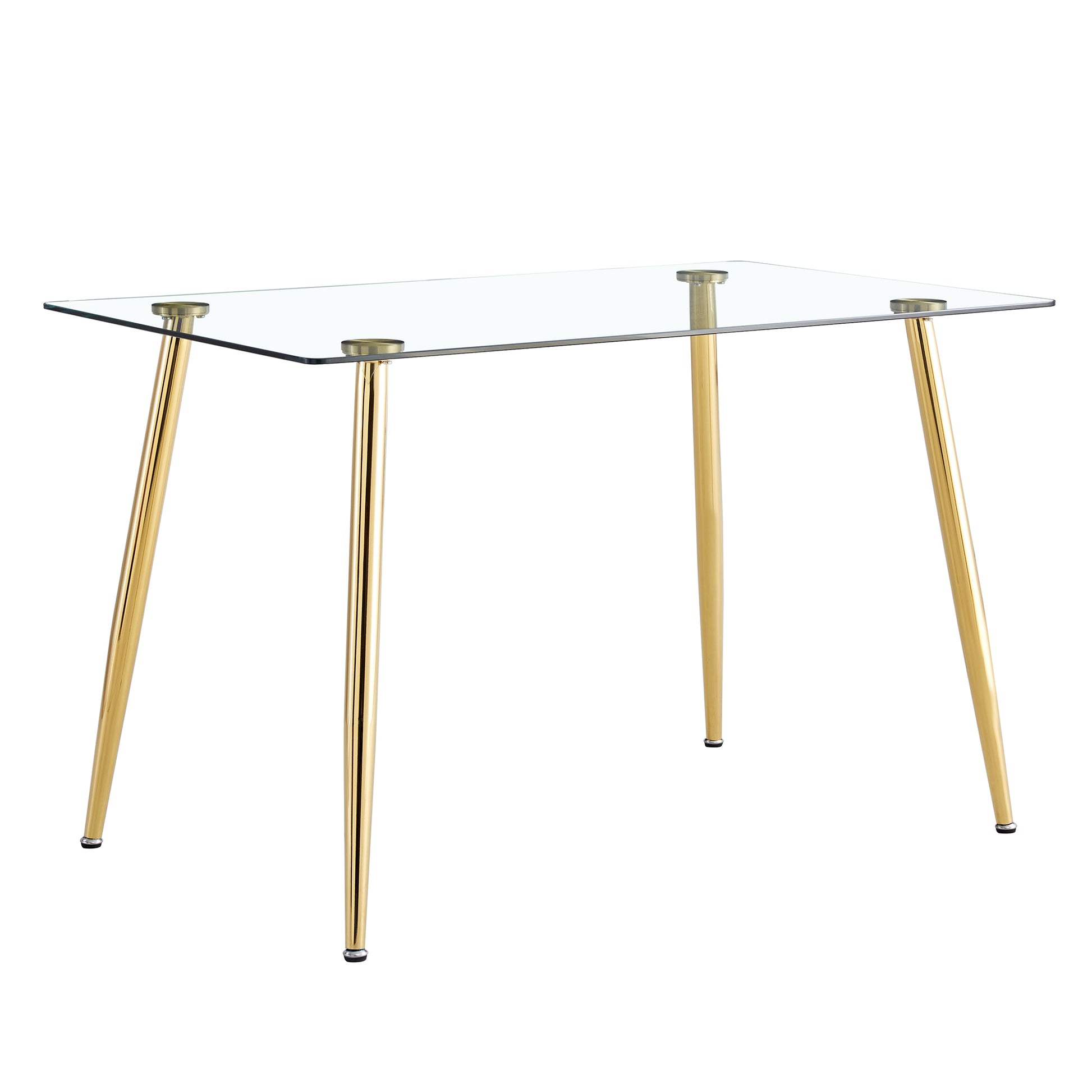 Modern Minimalist Rectangular Glass Dining Table For 4 6 With 0.31" Tempered Glass Tabletop And Golden Plating Metal Legs, Writing Table Desk, For Kitchen Dining Living Room, 51" *31"*30".F 1544 Golden Glass