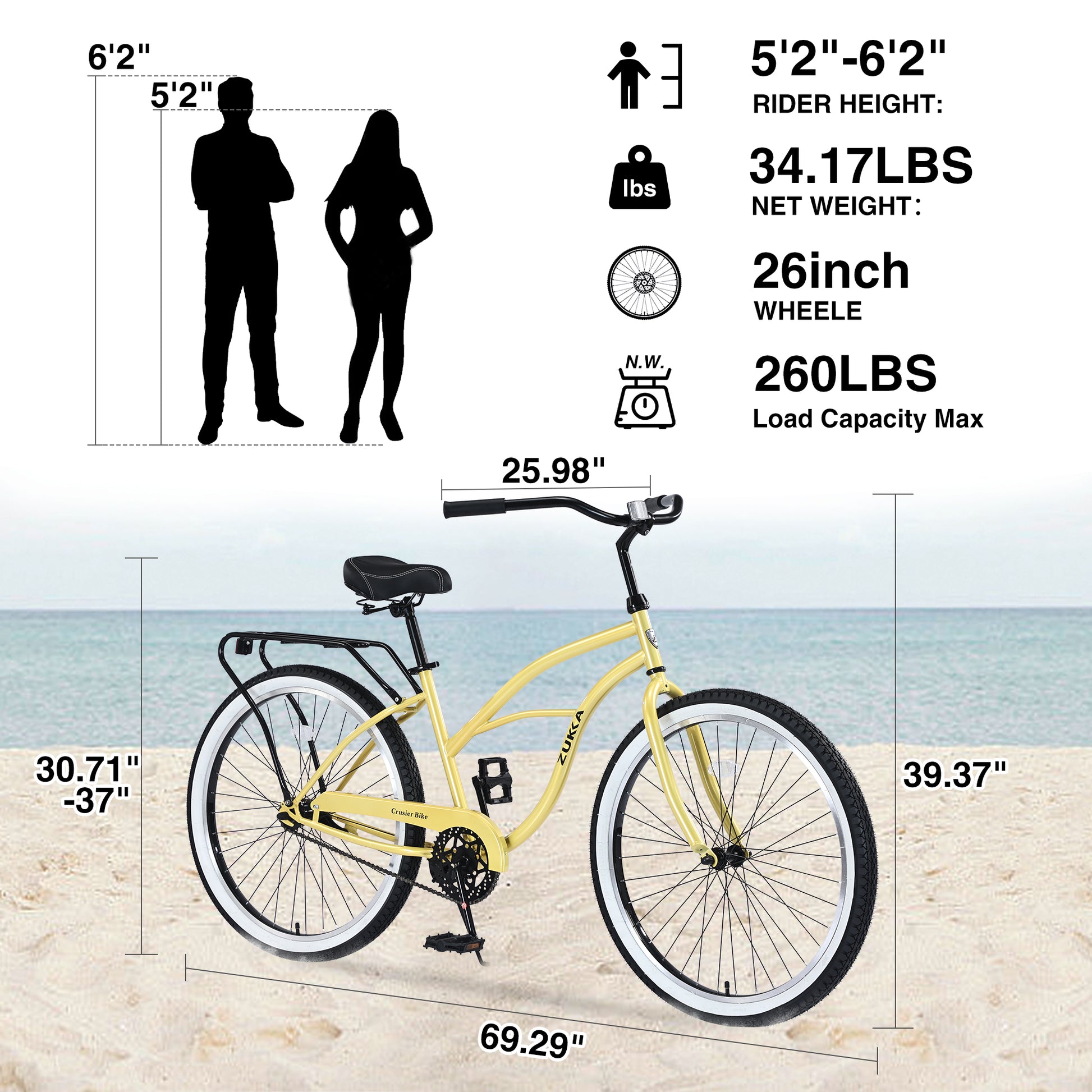 Single Speed Bicycles 26"Inch,Steel Frame, Wide Wheels For Stability, Rear Coaster Brakes,Multiple Colors Women'S Beach Cruiser Bike Cycling Yellow Garden & Outdoor Steel