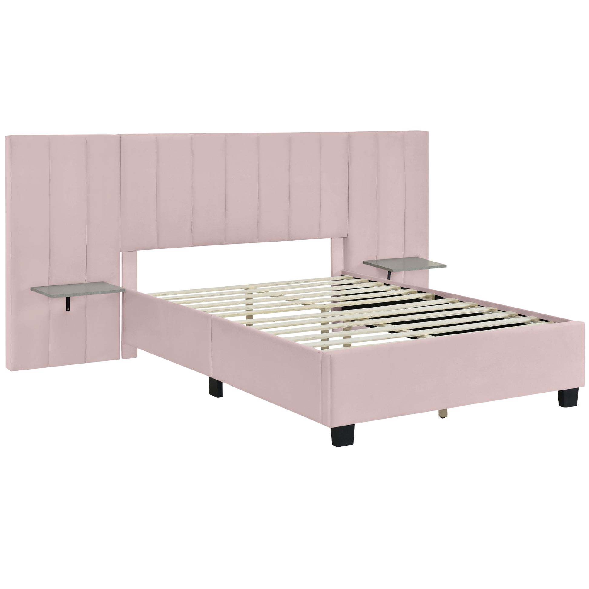 Full Size Upholstered Platform Bed With Big Headboard, Bedroom Furniture, Velvet, Pink Full Pink Plywood