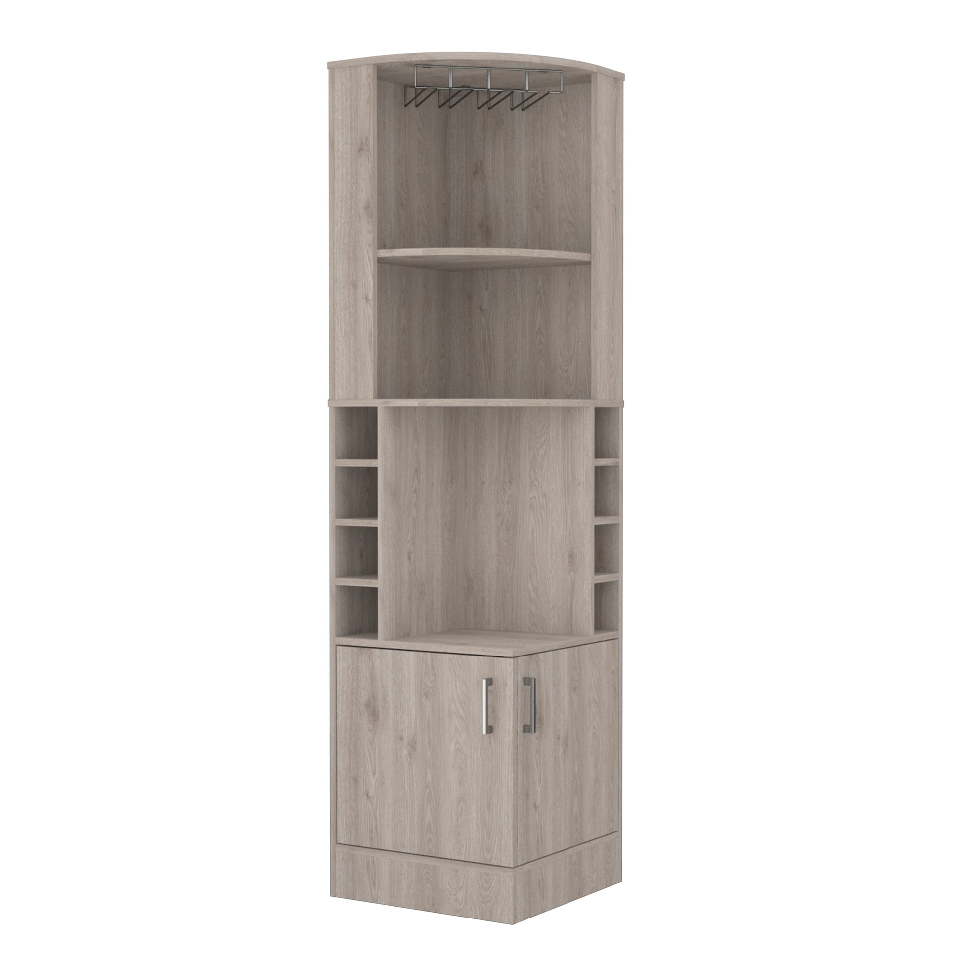 Syrah Corner Bar Cabinet, Eight Bottle Cubbies, Double Door, Two Open Shelves Light Gray Light Gray Particle Board