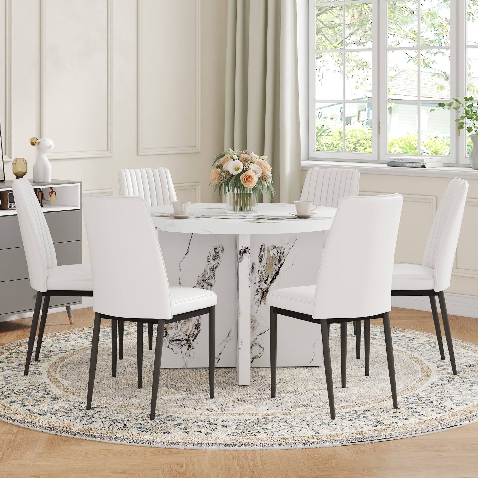 7 Piece Round Dining Table Set, 42 Inch Modern Round Table And 6 Upholstered Chairs For Dining Room, Kitchen Room, Living Room, Easy Assembly Metal White 42 Inches Modern Pedestal Round Mdf Mdf