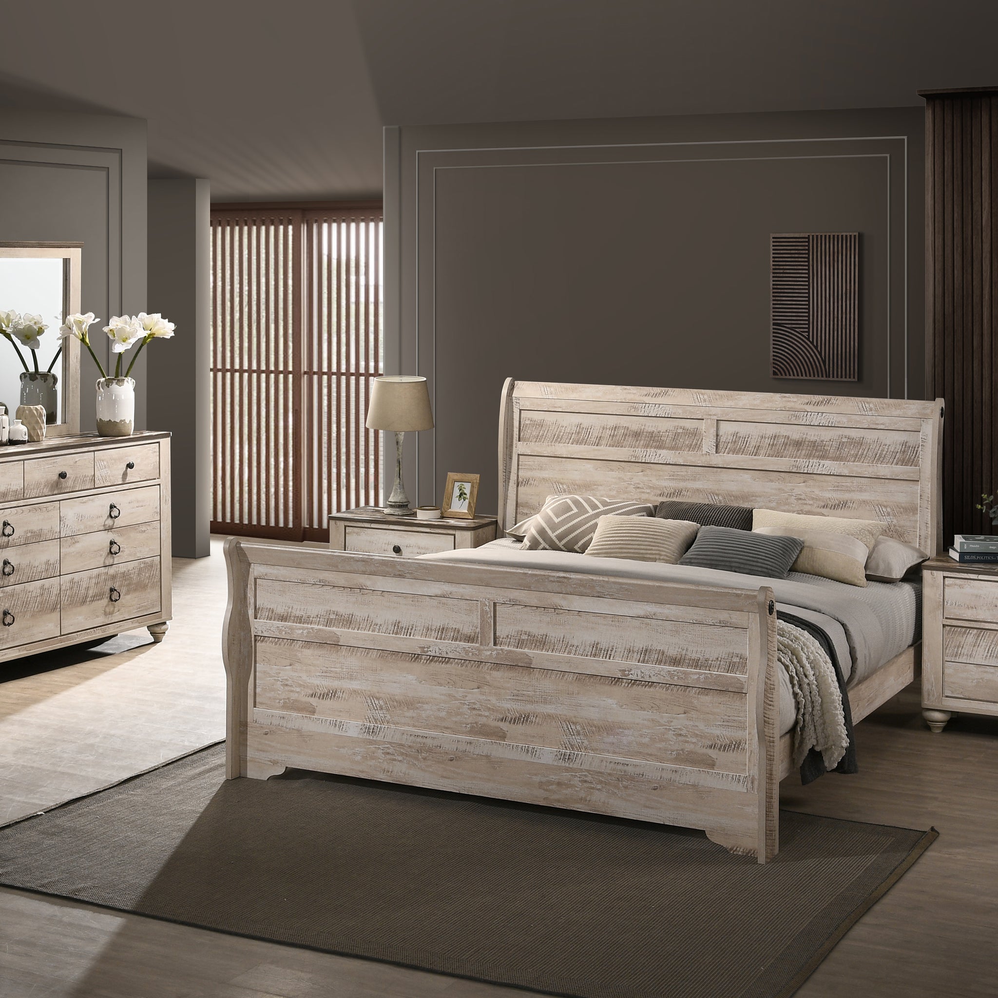 Imerland Contemporary White Wash Finish Bedroom Set With Queen Sleigh Bed, Dresser, Mirror, Two Nightstands Box Spring Required Queen Walnut Brown Wood Light Brown 5 Piece Set Bedroom Bed Included,Dresser Included,Mirror Included,Nightstand Included