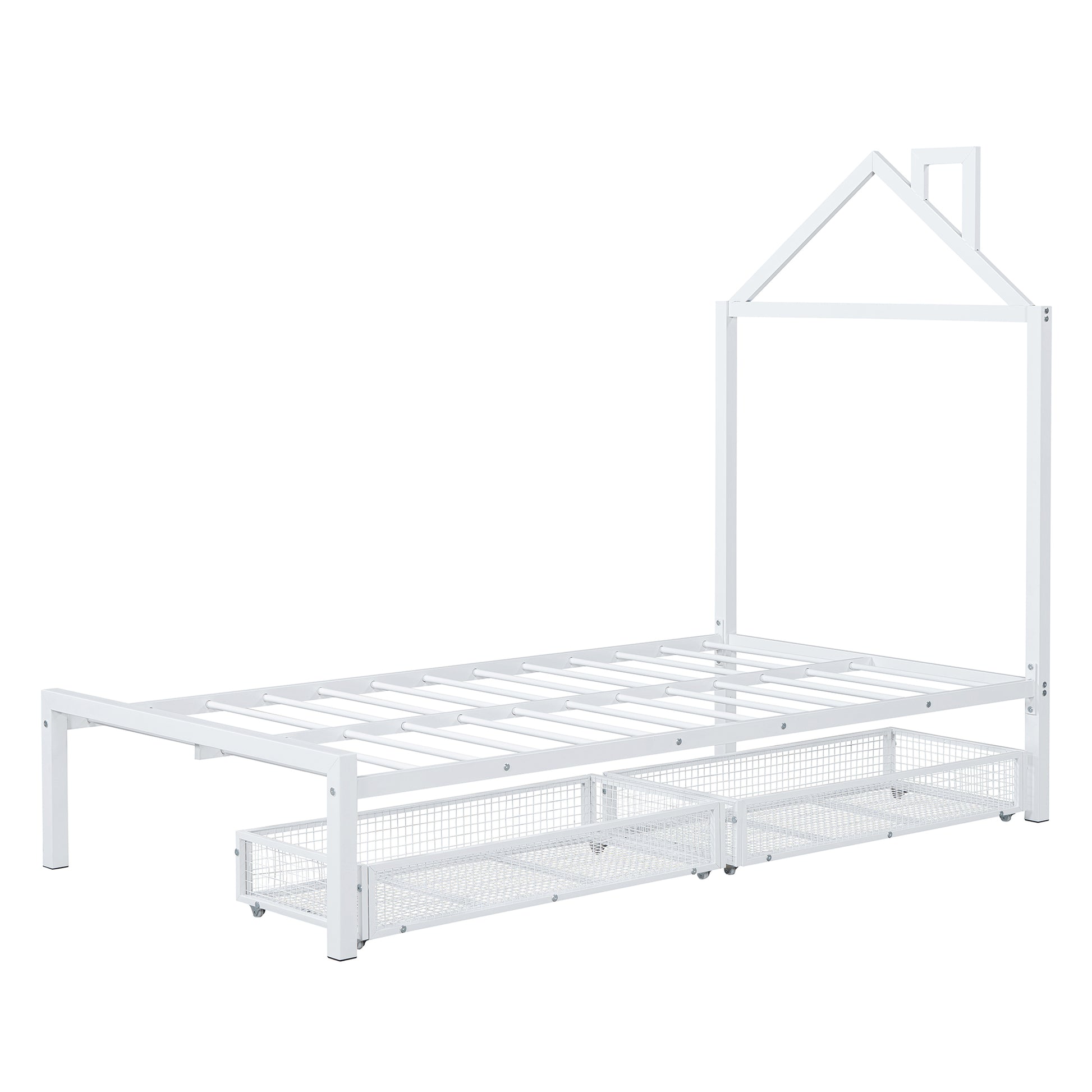 Twin Size Metal Platform Bed With Two Drawers,House Shaped Headboard Design, White Twin White Metal