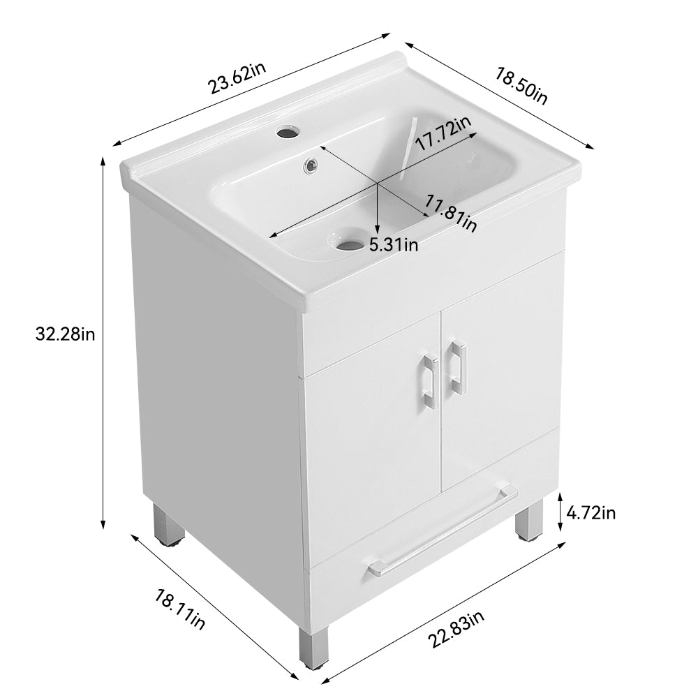 24 Inch Double Doors With Drawers White Bathroom Cabinet With Ceramic Sink White Solid Wood