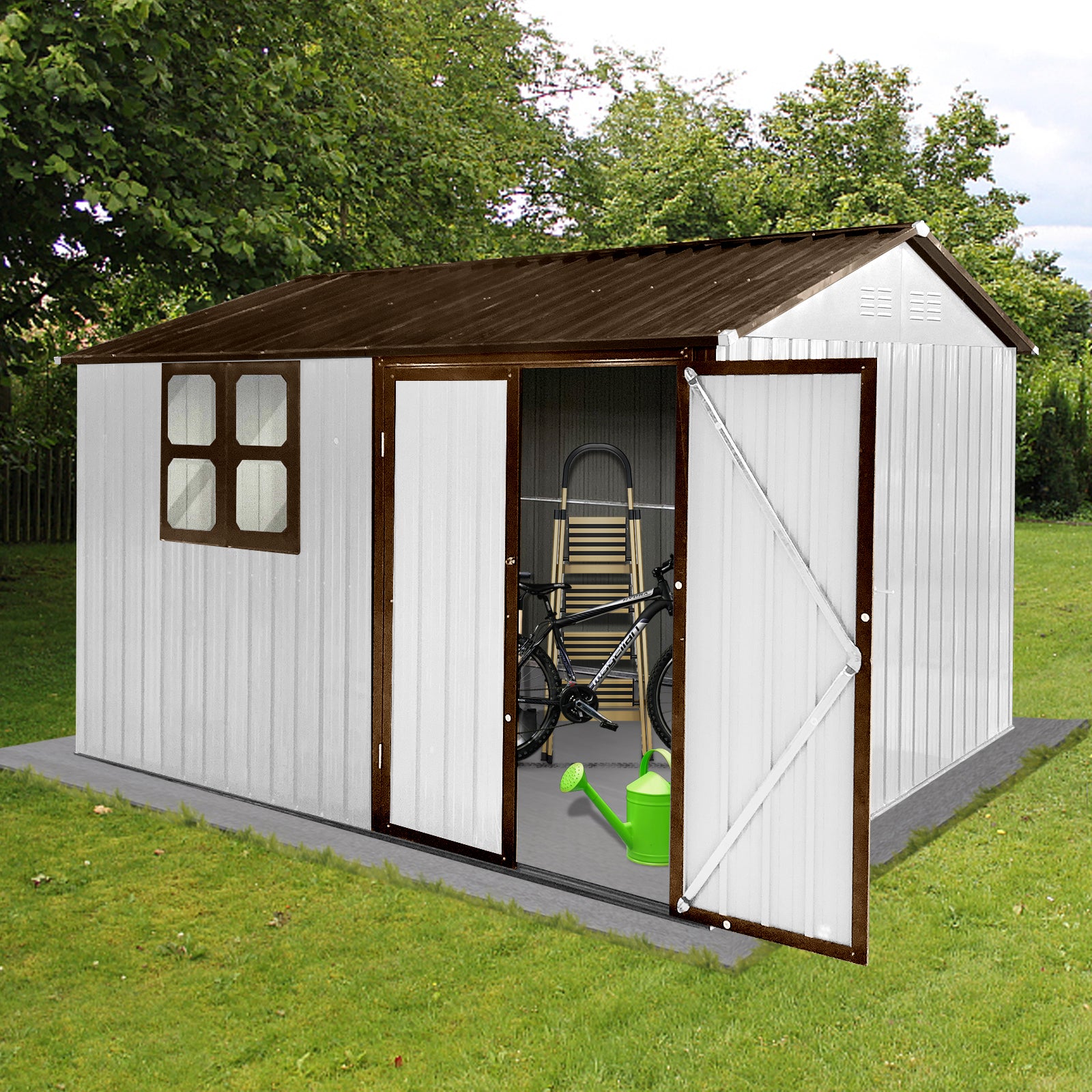 Metal Garden Sheds 10Ftx8Ft Outdoor White Coffee With Window White Metal