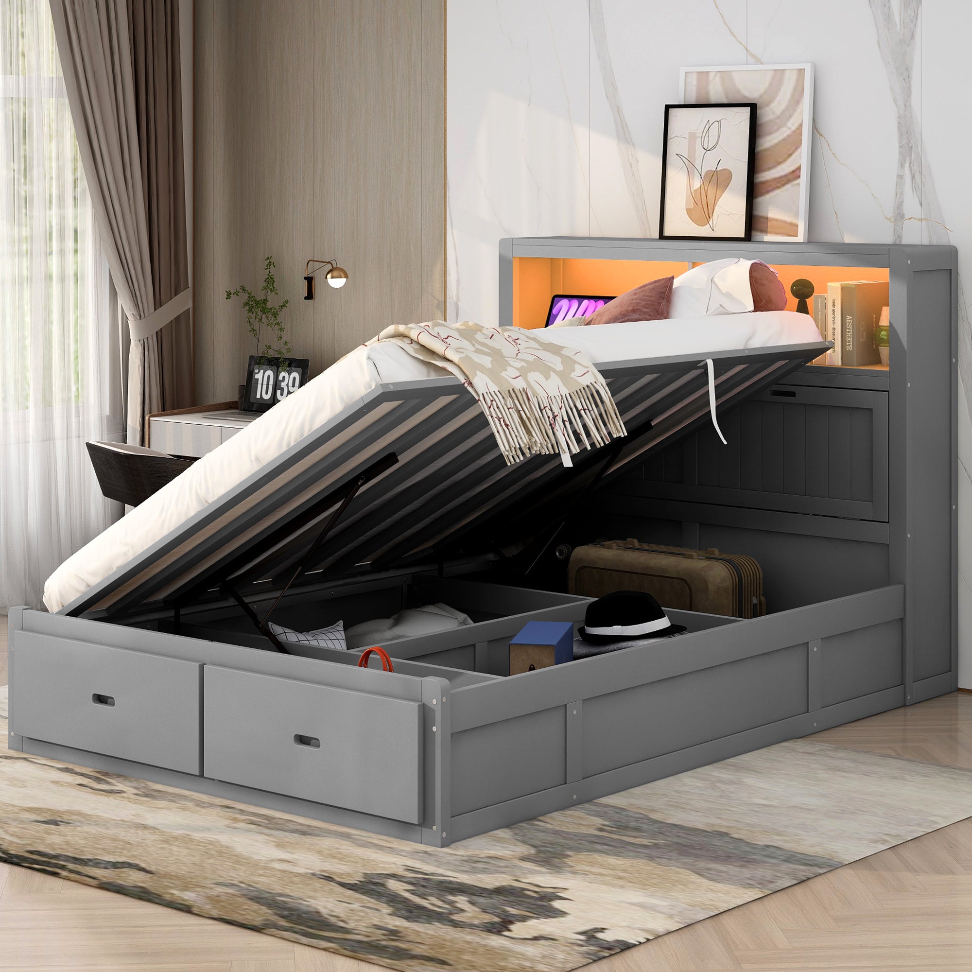 Wood Queen Size Hydraulic Platform Bed With Storage Led Headboard, Cha