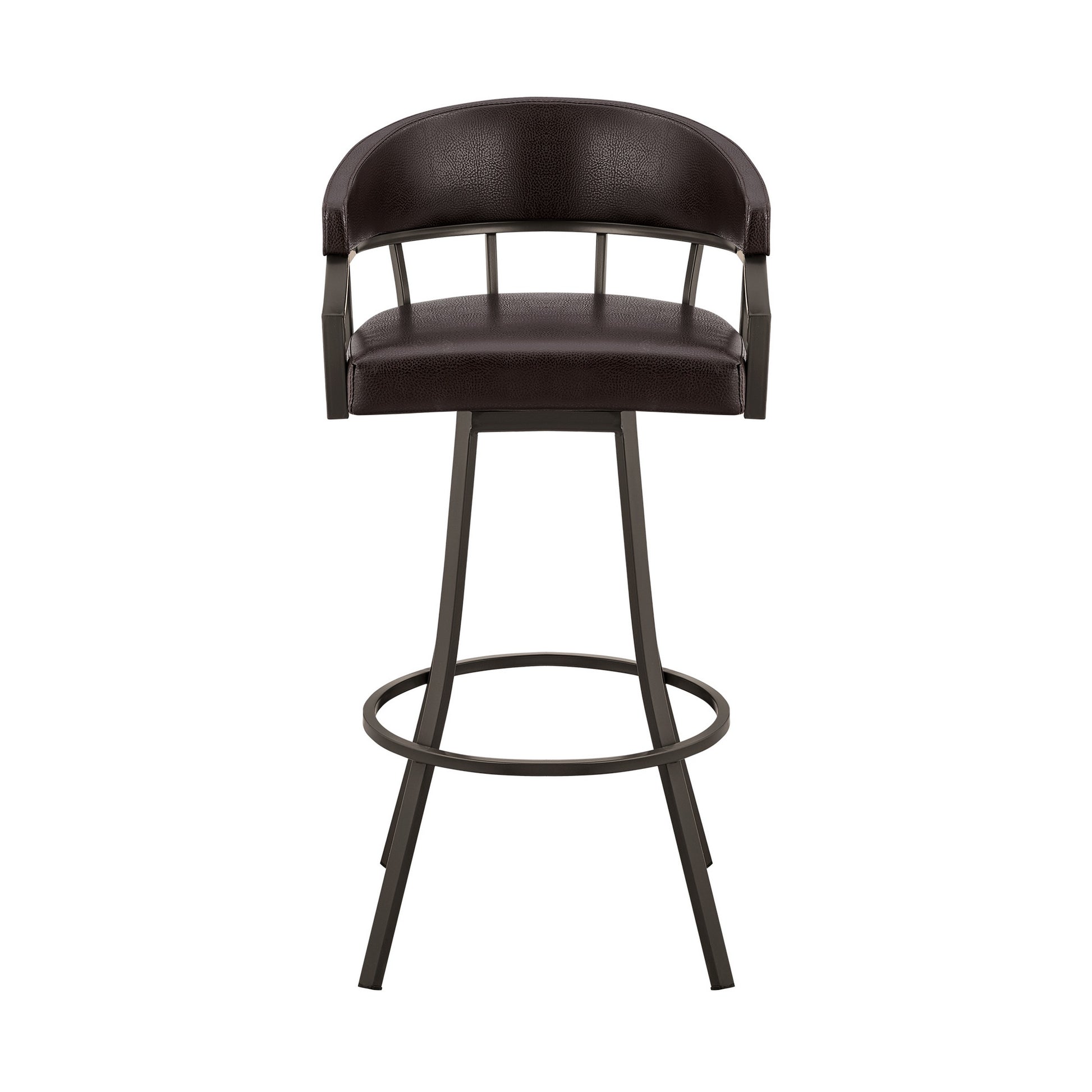 Mayla 30 Inch Swivel Bar Stool, Metal Flared Legs, Brown Faux Leather Brown Fabric Metal