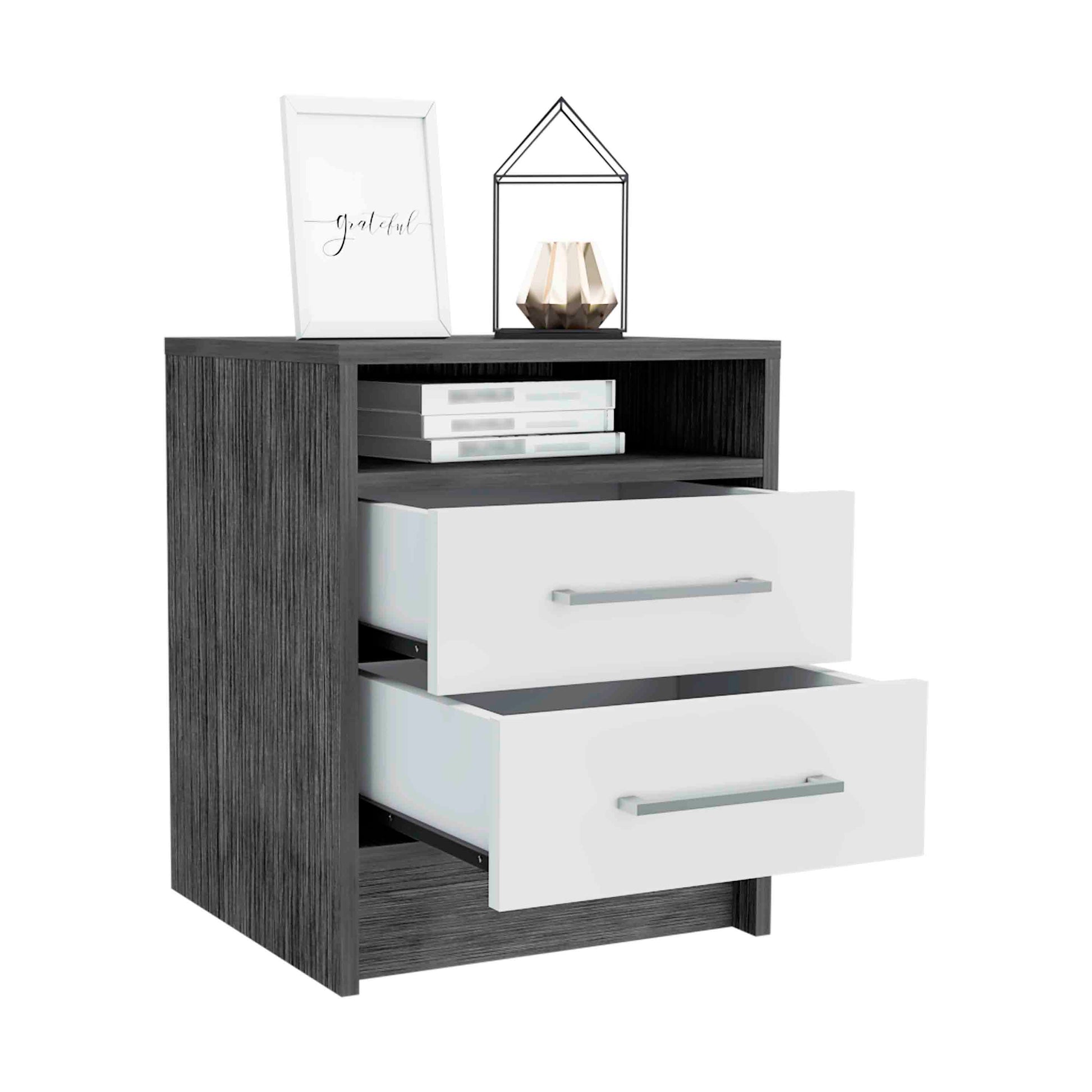 Philadelphia Nightstand, Two Drawers, Concealed Shelf Multicolor,Smoke Grey,White Mdf Engineered Wood