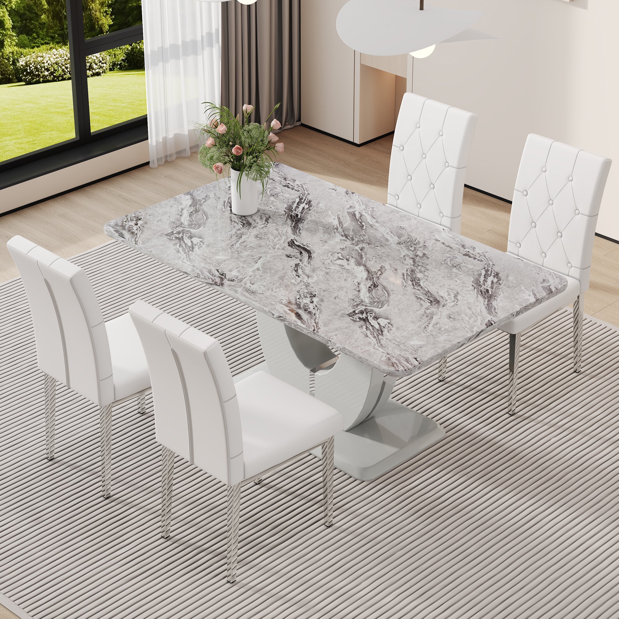 Table And Chair Set, Modern Minimalist Marble Textured Rectangular Dining Table. Suitable For Restaurants And Living Rooms. Soft Cushion Seats.F 1280 Gray Mdf