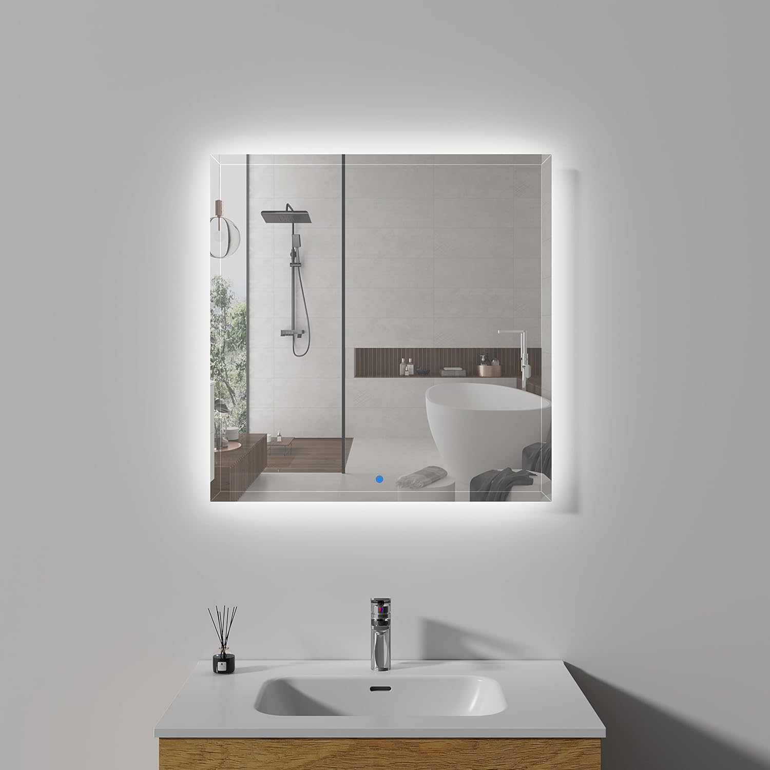 29" X 30" Led Lighted Bathroom Mirror Wall Mounted Vanity Mirror With Smart Touch Button, Ip54 Waterproof, 8000K Vanity Mirror With Lights Silver Glass