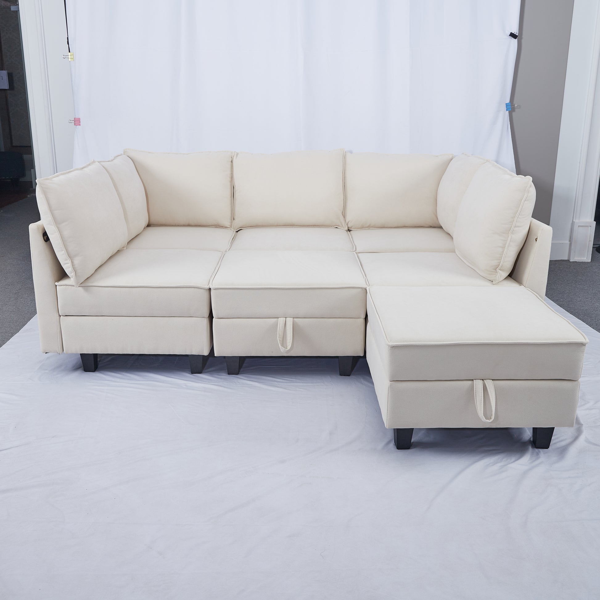 7 Seater Modular Pieces Sofa Storage Seats 7 Seat Living Room Furniture Modular Sleeper Sofa Brown Wood Primary Living Space Medium Duty Acacia 7 Seat Beige Chenille Soft Cushion Back Casual,Classic Armless Foam Wood