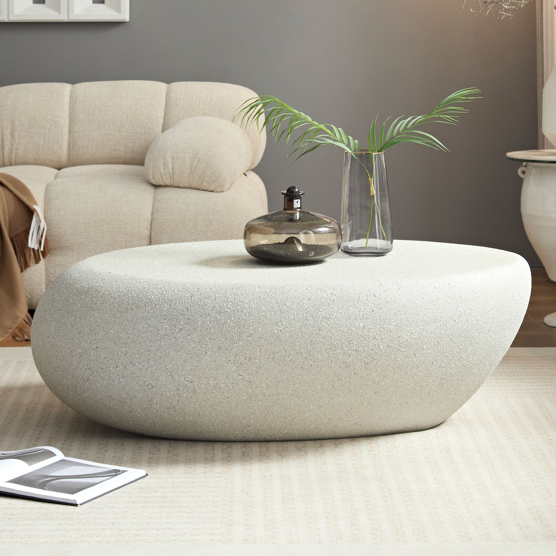 43.31''Fiberglass Elliptical Coffee Table For Living Room Vintage Table,Matte Rocks Table Front Of The Sofa, Irregular Center Table,No Need Assembly Beige Fiberglass