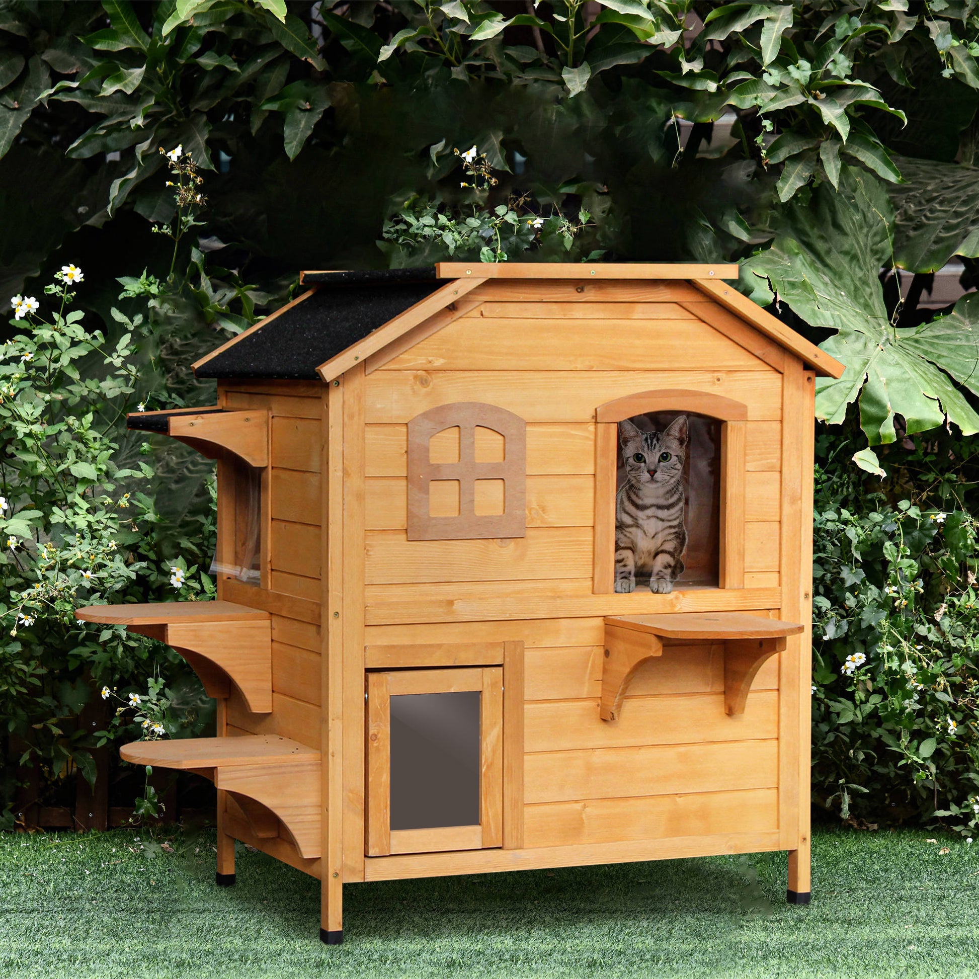 Pawhut 2 Story Cat House Outdoor, Weatherproof Wooden Cat Enclosure For Feral Cats With Escape Door, Openable Roof, Jumping Platforms, Natural Natural Wood Wood