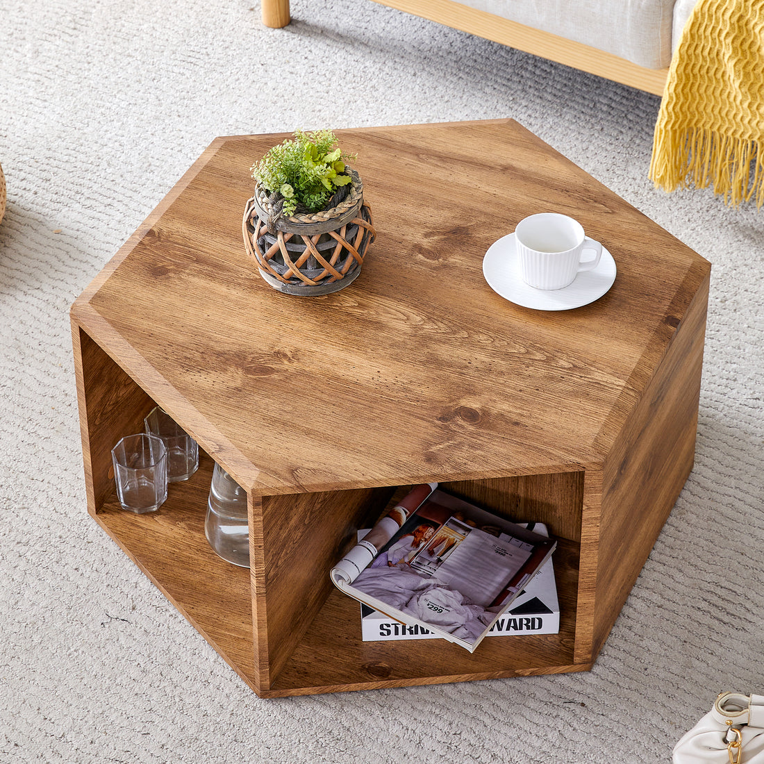 Hexagonal Mdf Coffee Table, Characteristic Pattern Stickers, Multi Hole Design To Give More Storage Space, Simple And Convenient Design Makes It Suitable For All Kinds Of Style Scenes. Wood Mdf