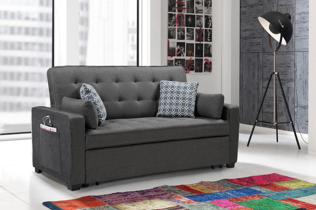 William 75" Modern Gray Fabric Sleeper Sofa With 2 Usb Charging Ports And 4 Accent Pillows Gray Linen