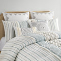 Cotton Printed Comforter Set With Chenille White Navy Full Queen Queen White Navy Cotton