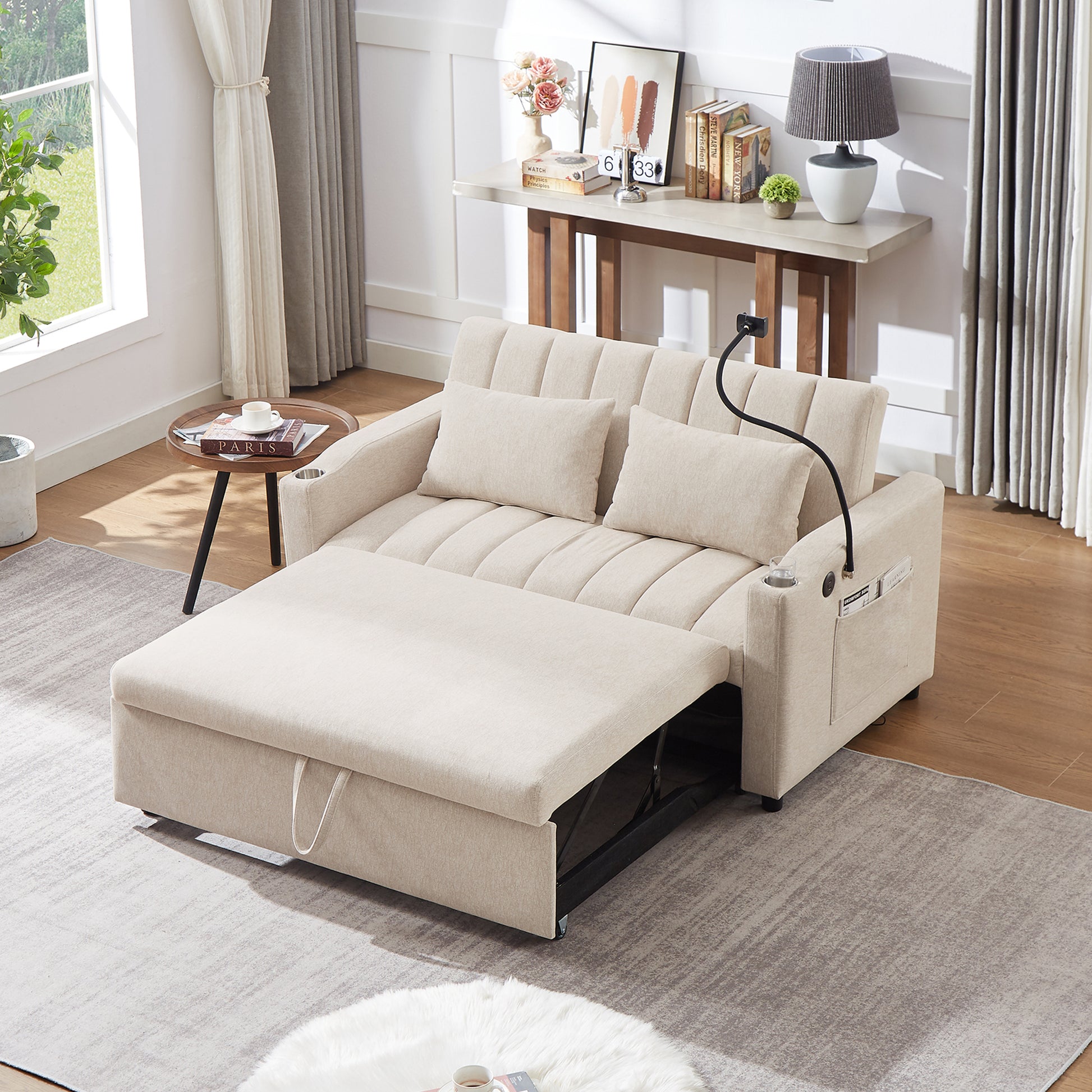 55.9" Convertible Sofa Bed Loveseat Sofa With Three Usb Ports, Two Side Pockets, Two Cup Holders And 360 Swivel Phone Holder For Living Room, Beige Beige Foam Polyester